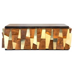 Paul Evans, Burled Walnut and Brass Faceted Cabinet, 1980, USA
