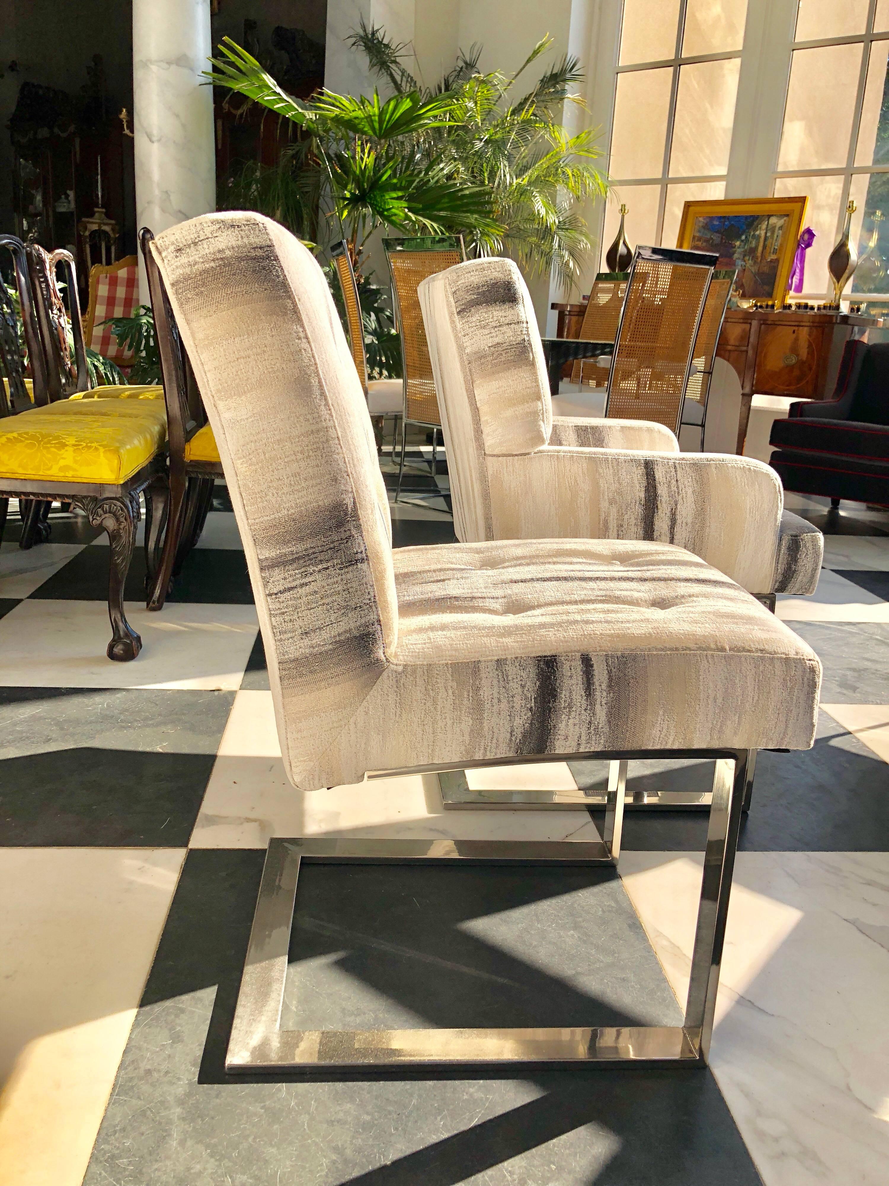 A wonderful set of six Paul Evans chrome cantilever dining chairs. There are two arm chairs and four side chairs. Two have been newly upholstered in a contemporary cotton fabric simulating the bark of a birch tree, but is soft to the touch.
If so