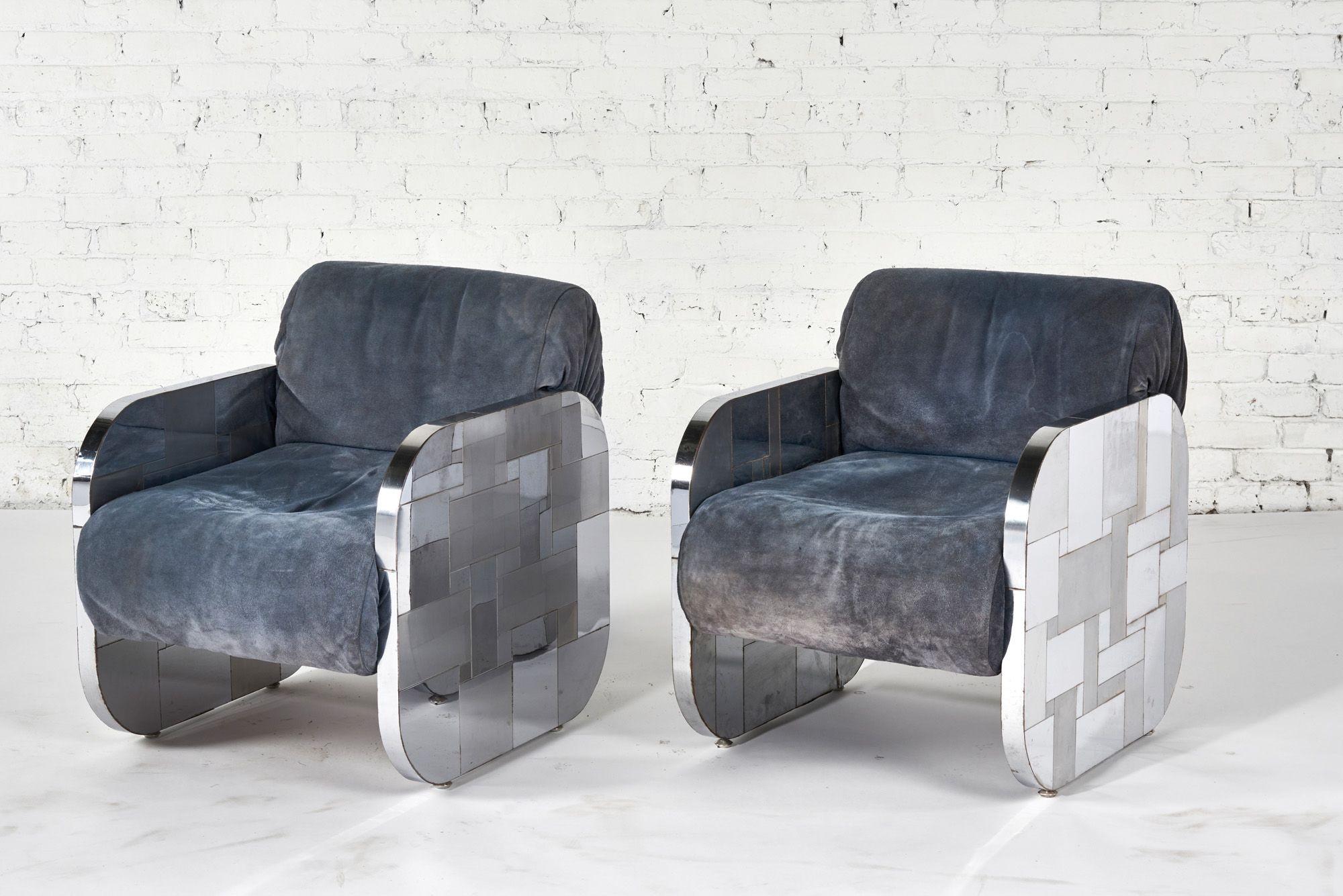 Mid-Century Modern Paul Evans Chrome and Suede Cityscape Lounge Chairs for Directional, 1970 For Sale