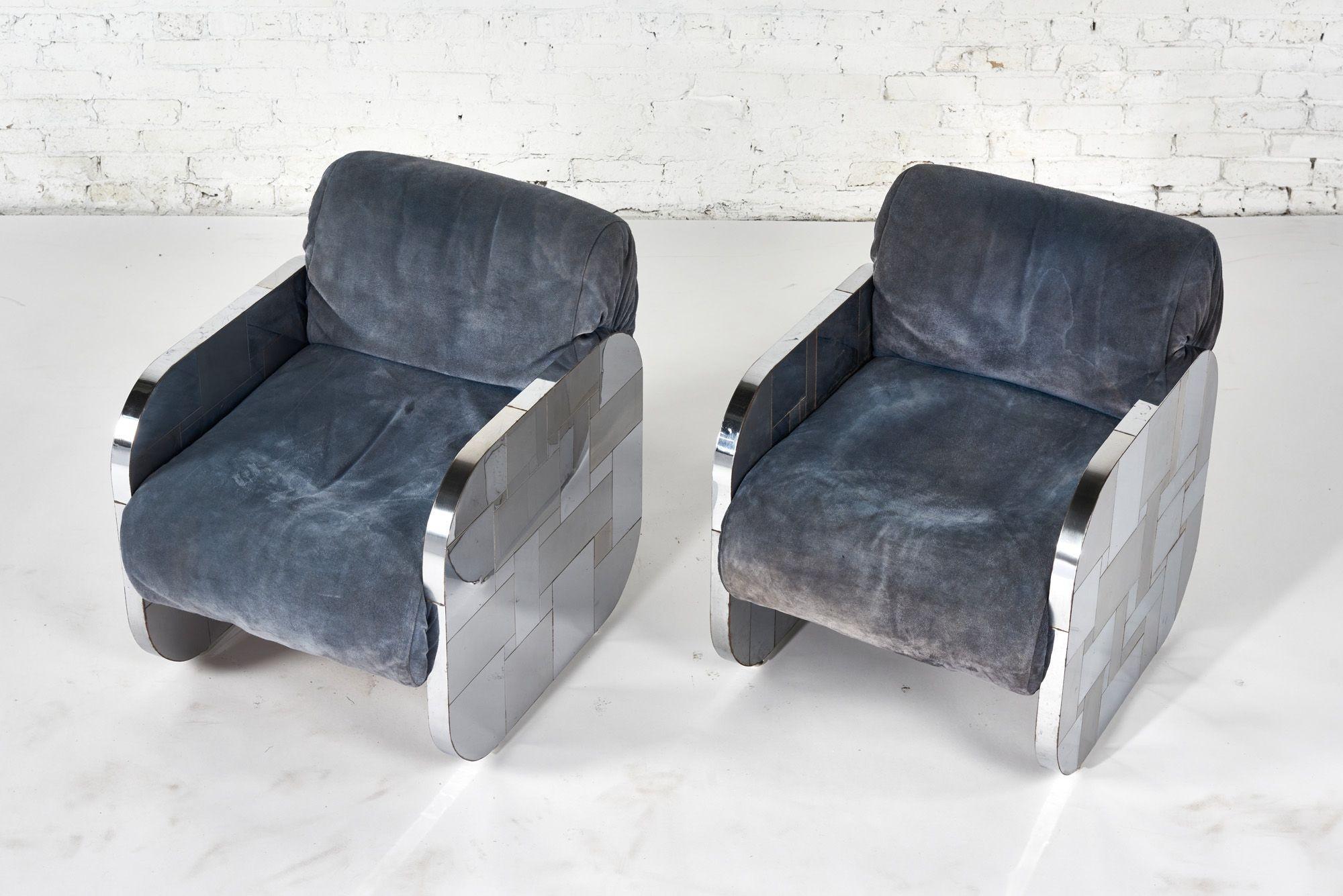 American Paul Evans Chrome and Suede Cityscape Lounge Chairs for Directional, 1970 For Sale