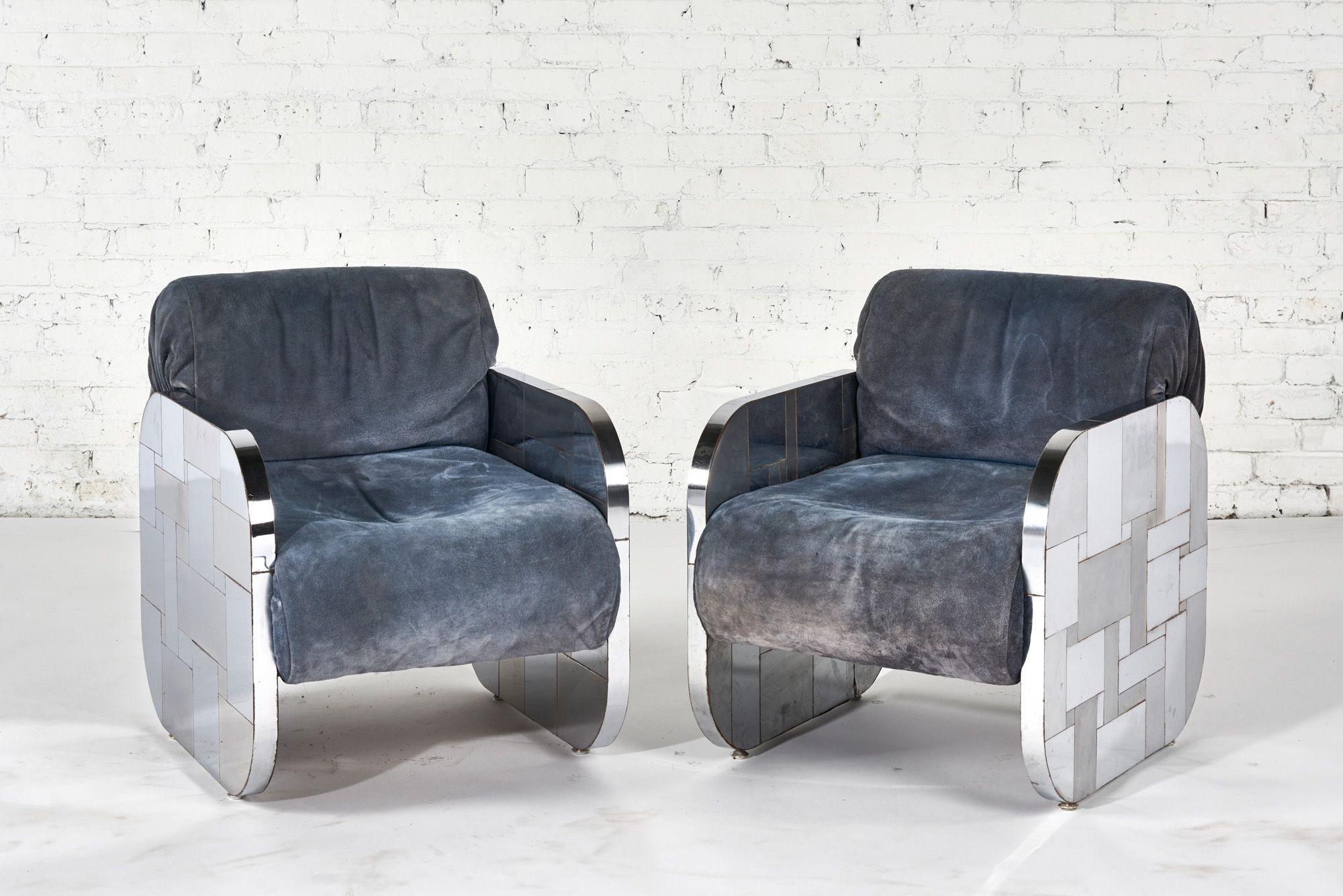 Paul Evans Chrome and Suede Cityscape Lounge Chairs for Directional, 1970 In Good Condition For Sale In Chicago, IL