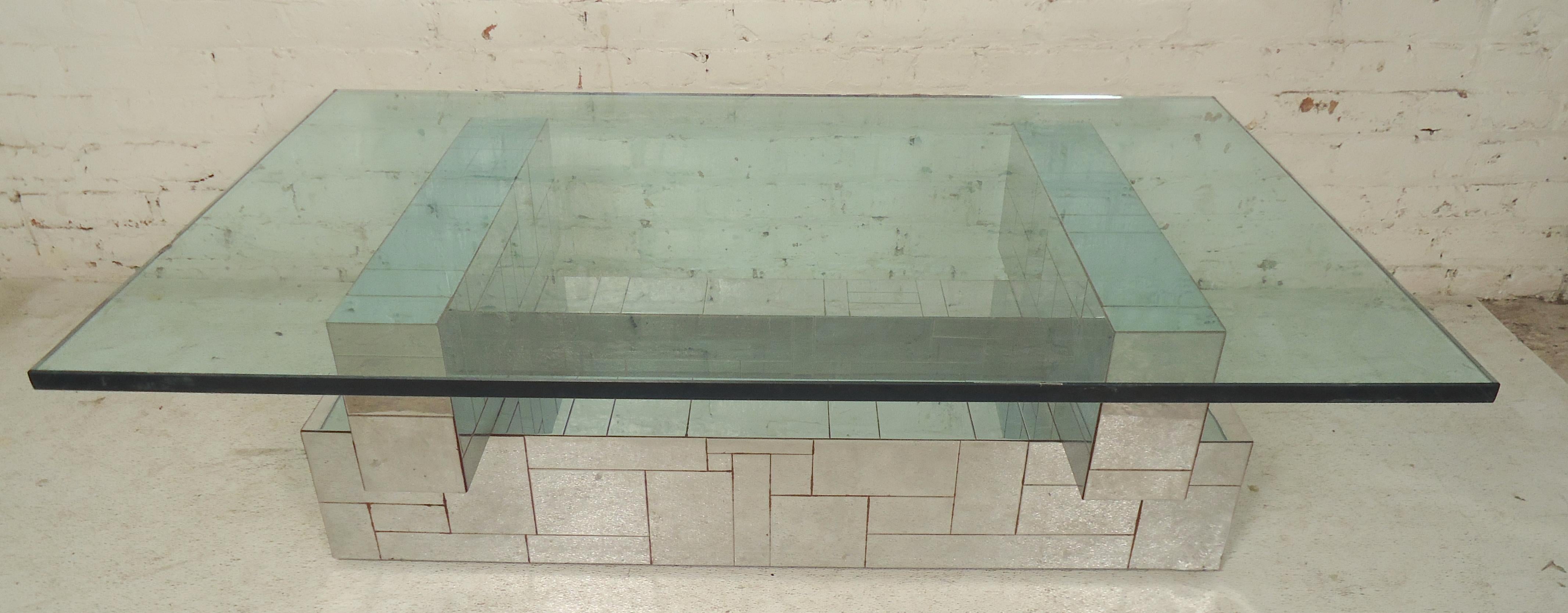 Handsome chrome platted table base with thick glass top by Paul Evans for his Cityscape line.

(Please confirm item location - NY or NJ - with dealer).
  
