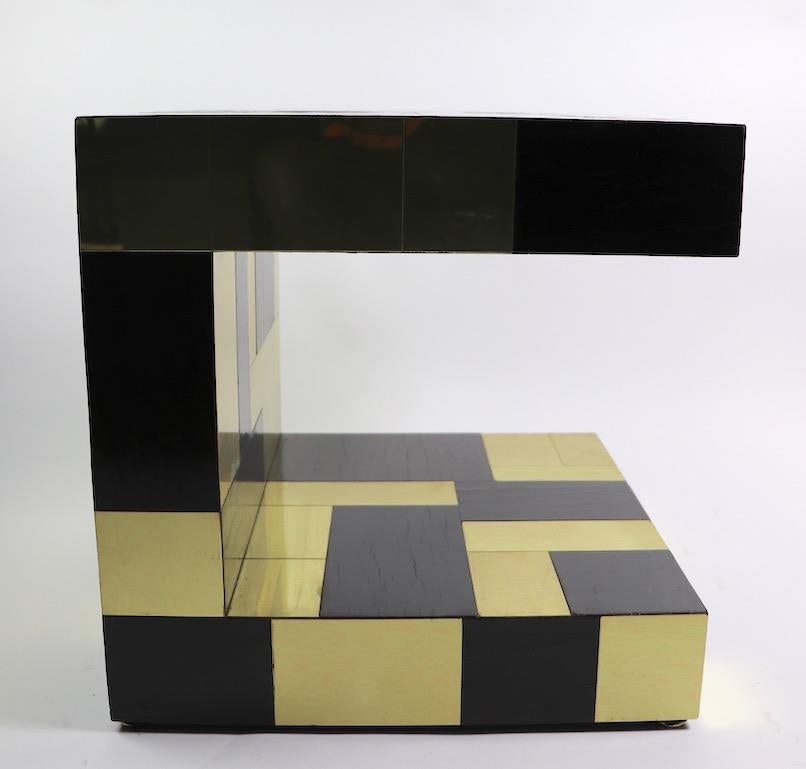 Rare and unusual Cityscape side table signed Paul Evans with brass and wood panels. This stunning combination is not often seen, this example is in very good, original condition, showing only light cosmetic wear, normal and consistent with age.