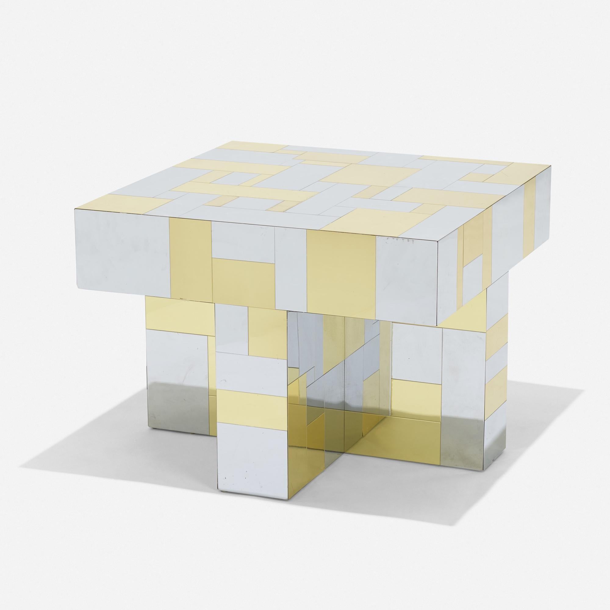 A super and unique Paul Evans brass and chrome patchwork cityscape square form coffee/ side table. model no PE 400by signed Paul Evans, circa 1975. Paul Evans Studio for Directional, USA. Impressed manufacturers mark to base an original Paul Evans.