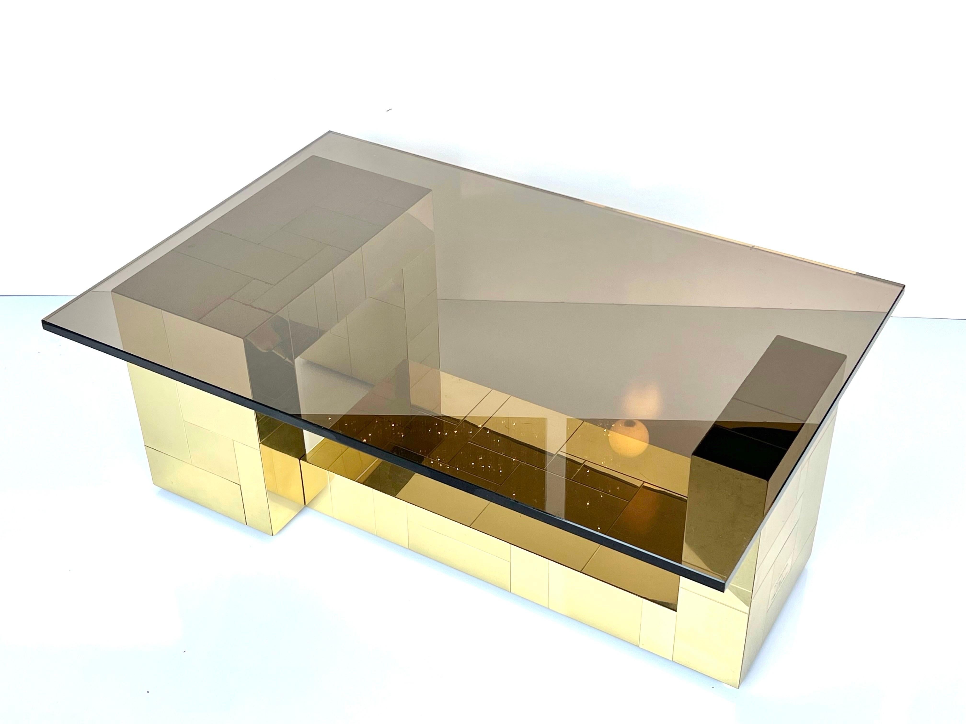 Paul Evans Cityscape Brass Coffee Table with Bronze Color Glasd Top 3