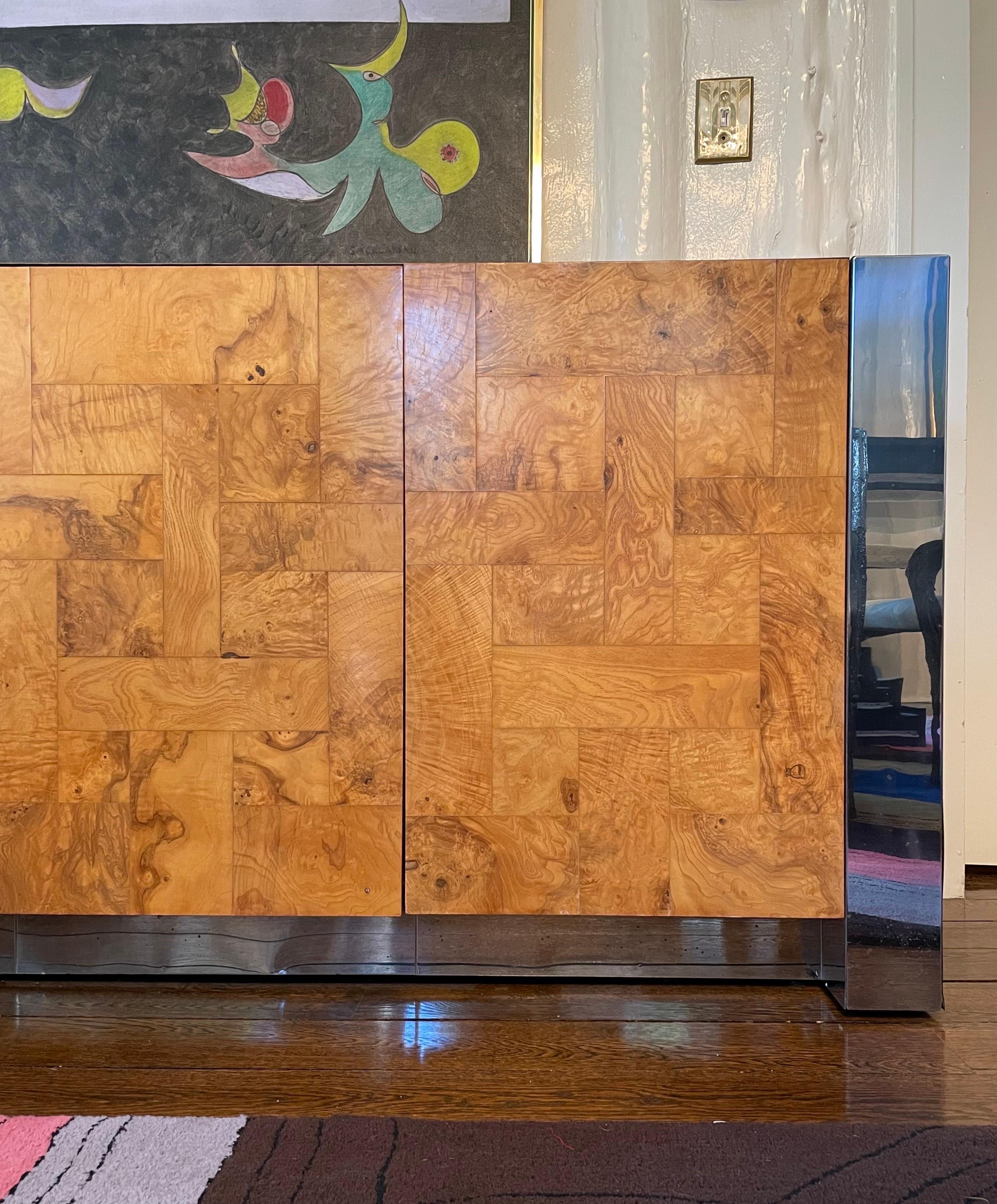 Late 20th Century Paul Evans Cityscape Burl and Chrome Cabinet Credenza For Sale
