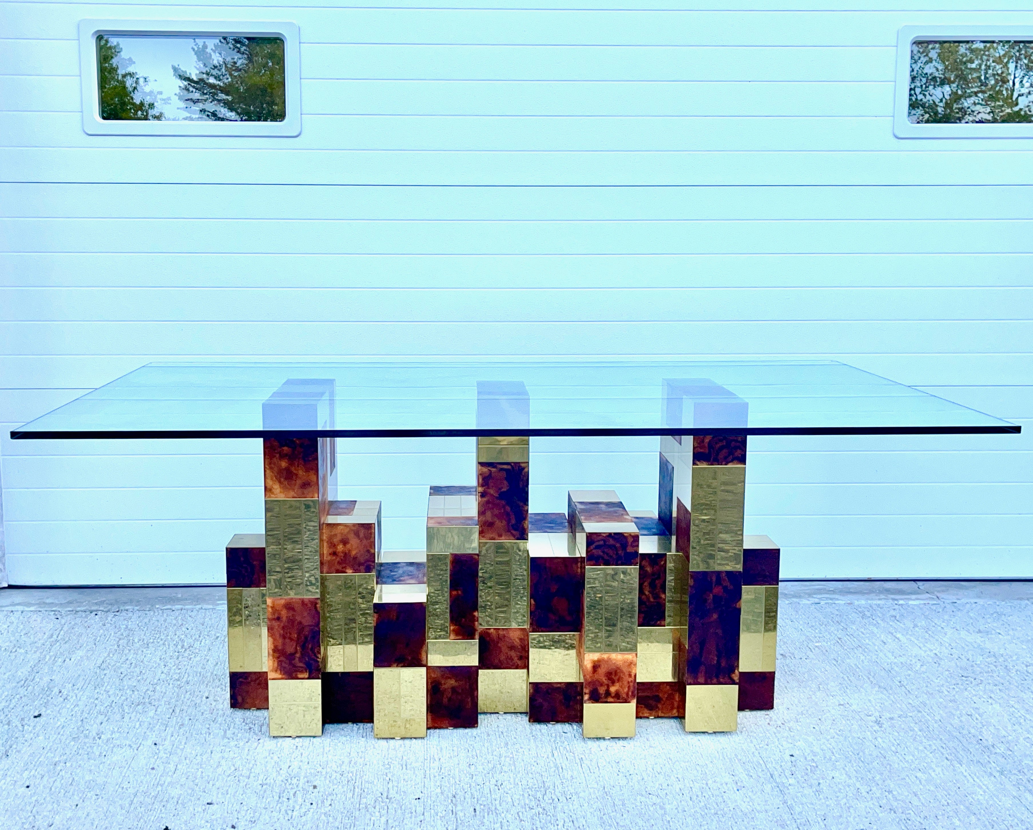 Paul Evans Cityscape dining table base with burl veneer and brass plated stainless steel tiles.
Base alone dimensions 28.5 x 49 x 19
Glass shown in photos for scale 72
