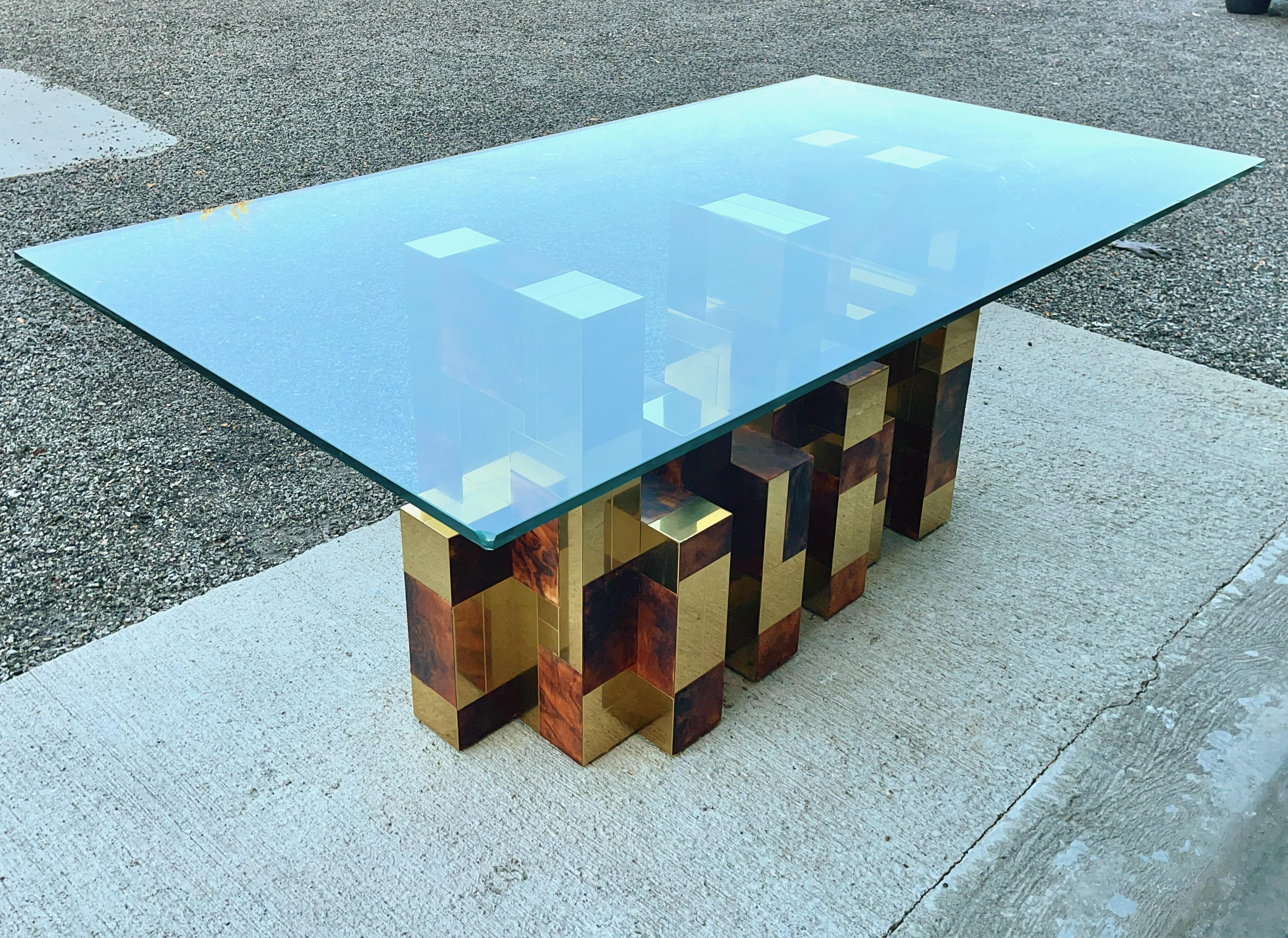 Late 20th Century Paul Evans Dining Table Cityscape Burl & Brass For Sale