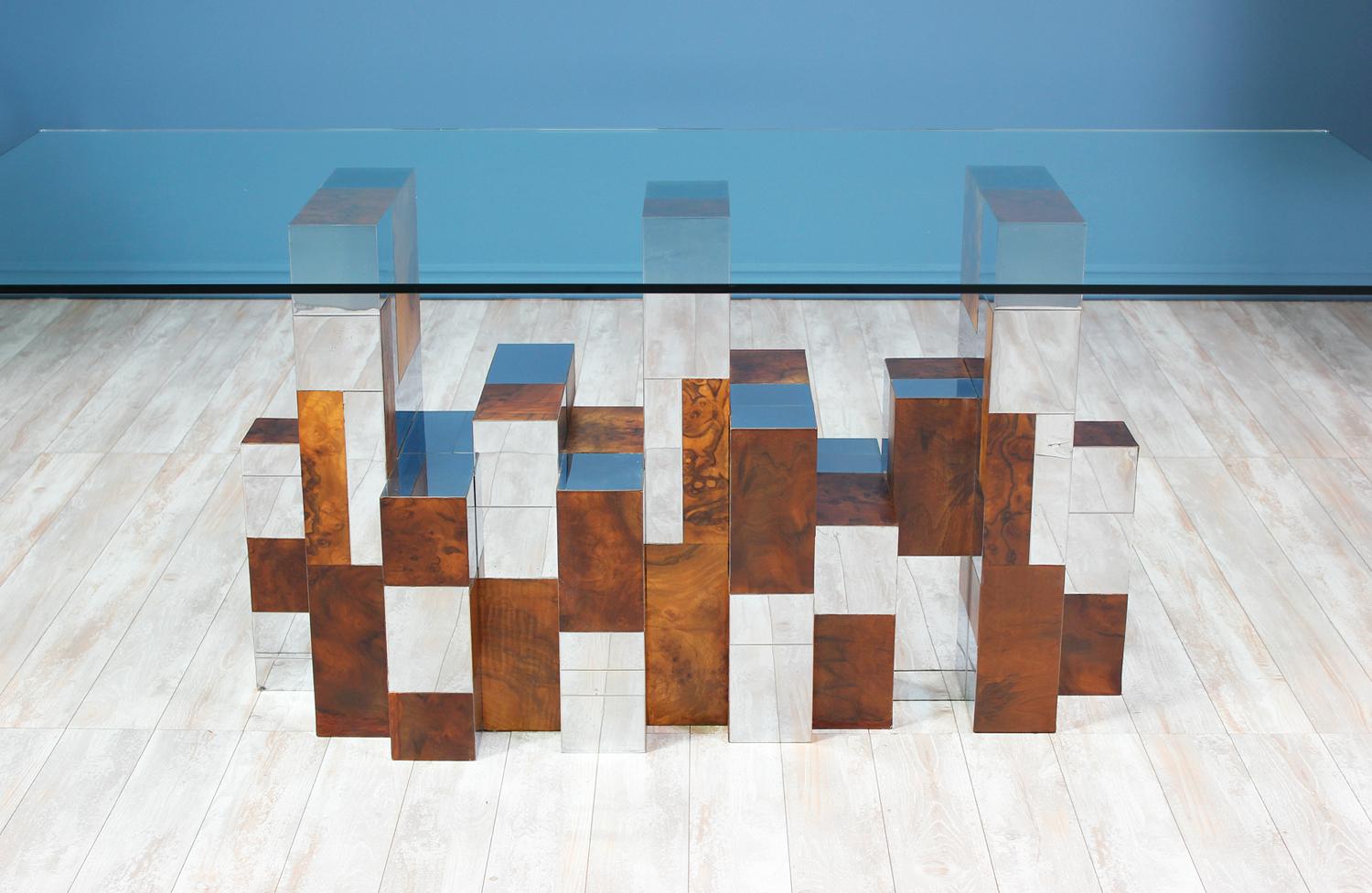 Steel Paul Evans “Cityscape” Burl Wood & Chrome Dining Table for Directional