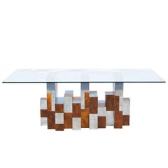 Table à manger Paul Evans "Cityscape" en bois de ronce & Chrome pour Directional