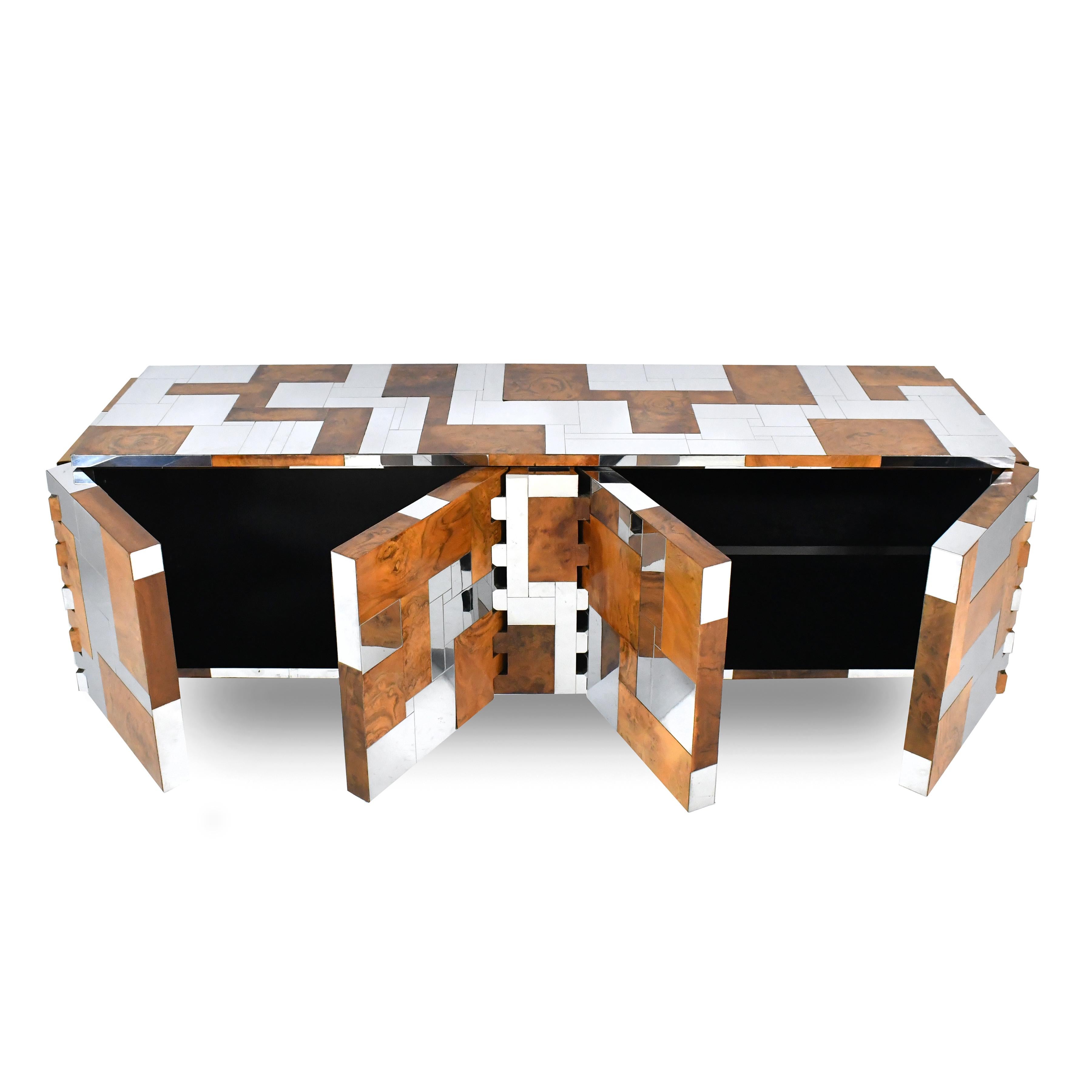 American Paul Evans Cityscape Cabinet in Chrome and Burl Patchwork