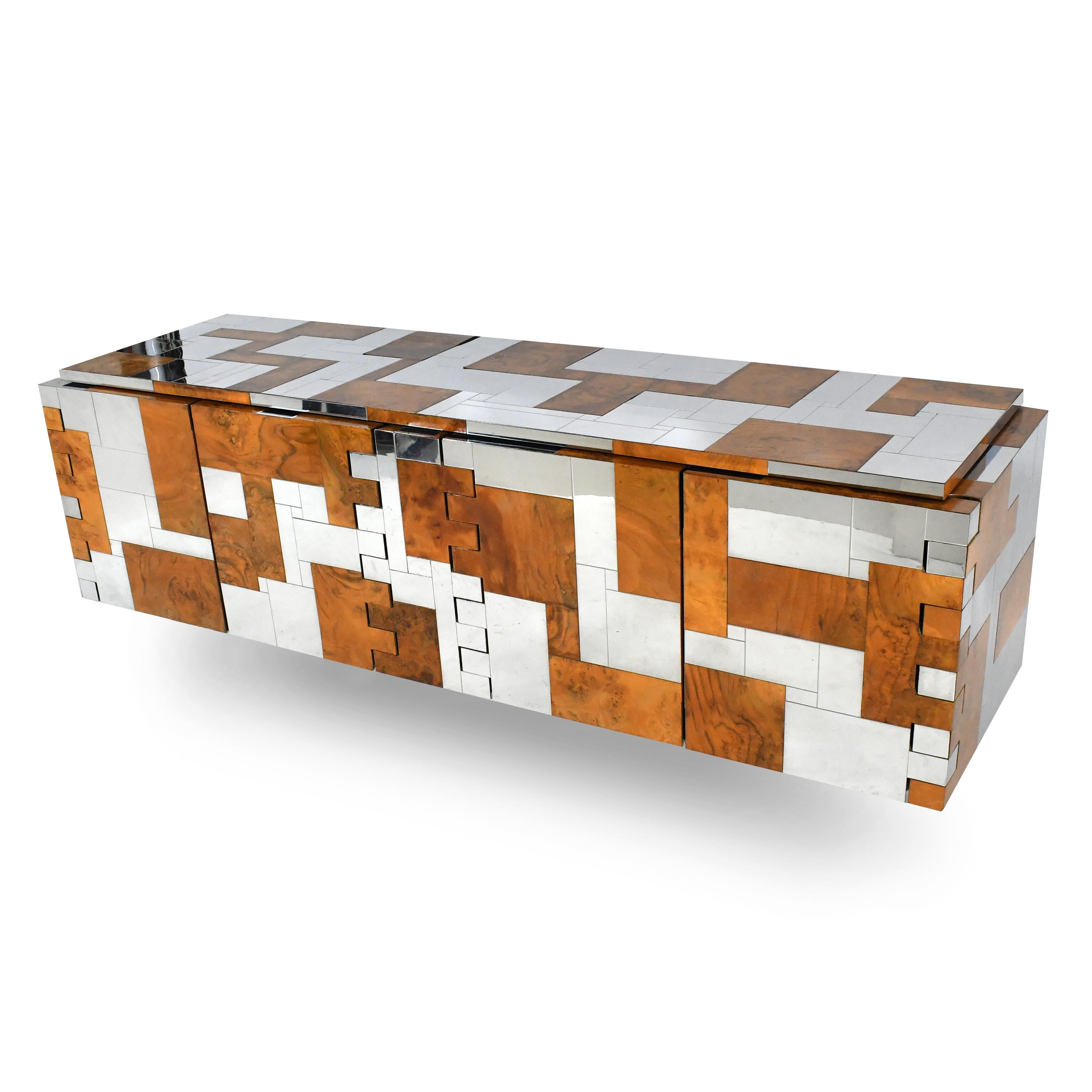 Plated Paul Evans Cityscape Cabinet in Chrome and Burl Patchwork
