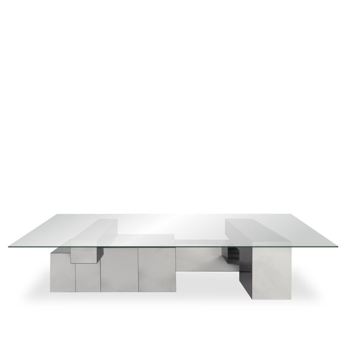 A Cityscape sculptural metal and glass topped coffee table. Unsigned. USA, circa 1970. 

Dimensions of glass top: 80 inches L × 36 inches W
Height of overall table: 16 inches

Description from original dealer at time of purchase; 