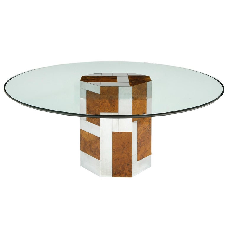 Chic pedestal dining / game table in walnut burl and chrome with thick glass top by Paul Evans for Directional Furniture, Cityscape Series, American 1970's. Signed 