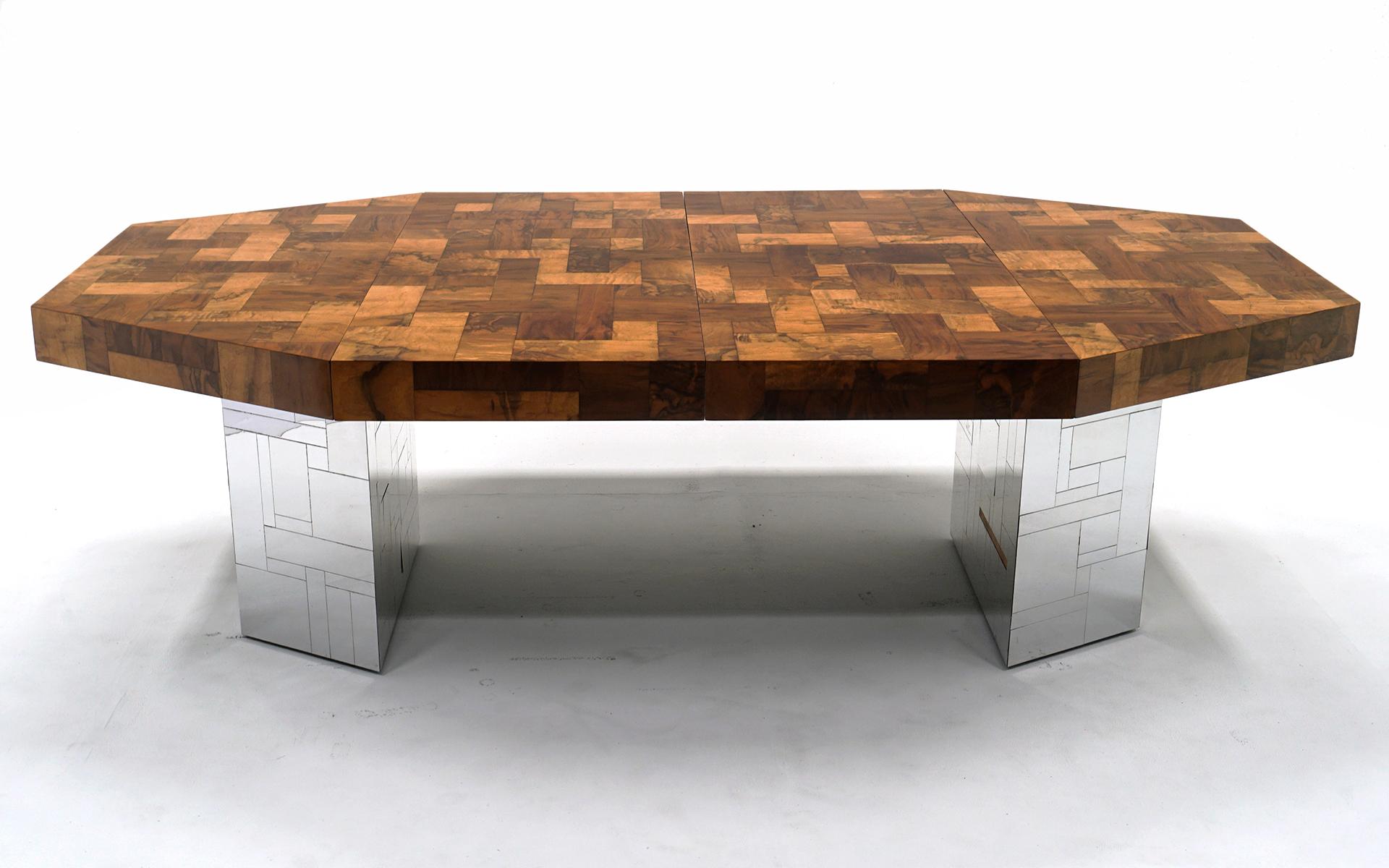 Paul Evans Cityscape Expandable Dining Table.  Burl Wood and Chrome. Signed. For Sale 4
