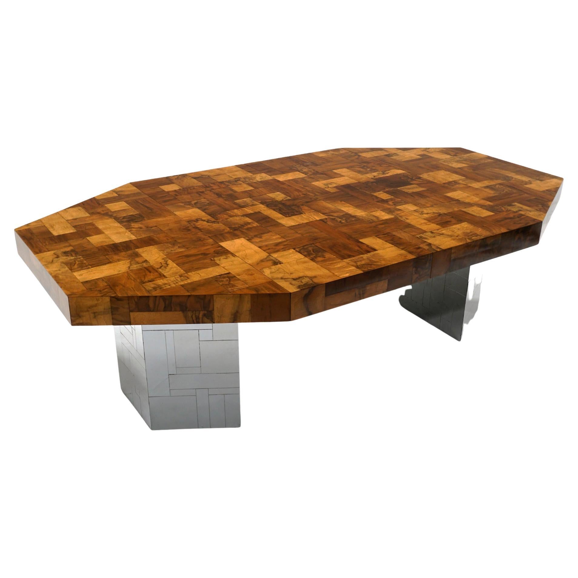 Mid-Century Modern Paul Evans Cityscape Expandable Dining Table.  Burl Wood and Chrome. Signed. For Sale