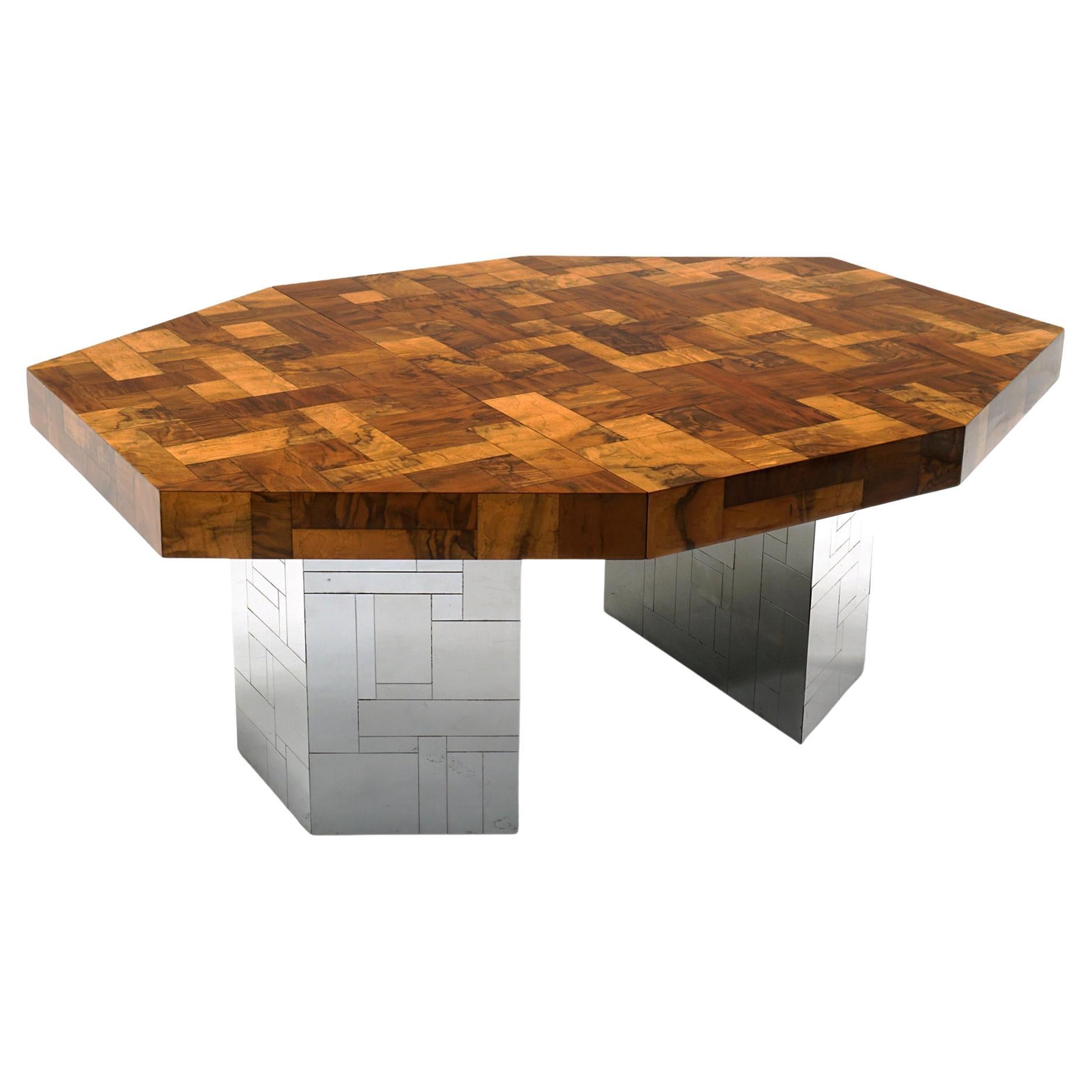 American Paul Evans Cityscape Expandable Dining Table.  Burl Wood and Chrome. Signed. For Sale