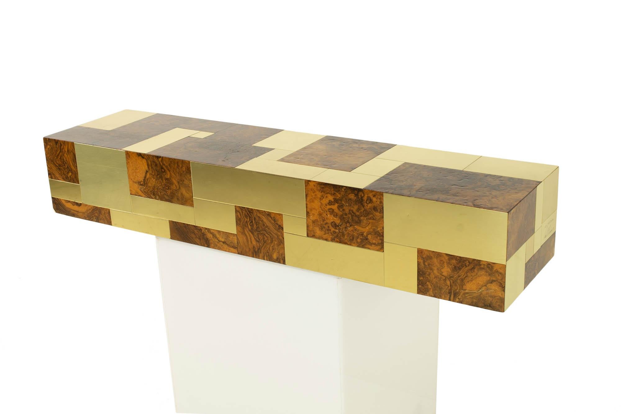 Mid-Century Modern Paul Evans Cityscape Mid Century Brass and Burlwood Floating Console Table