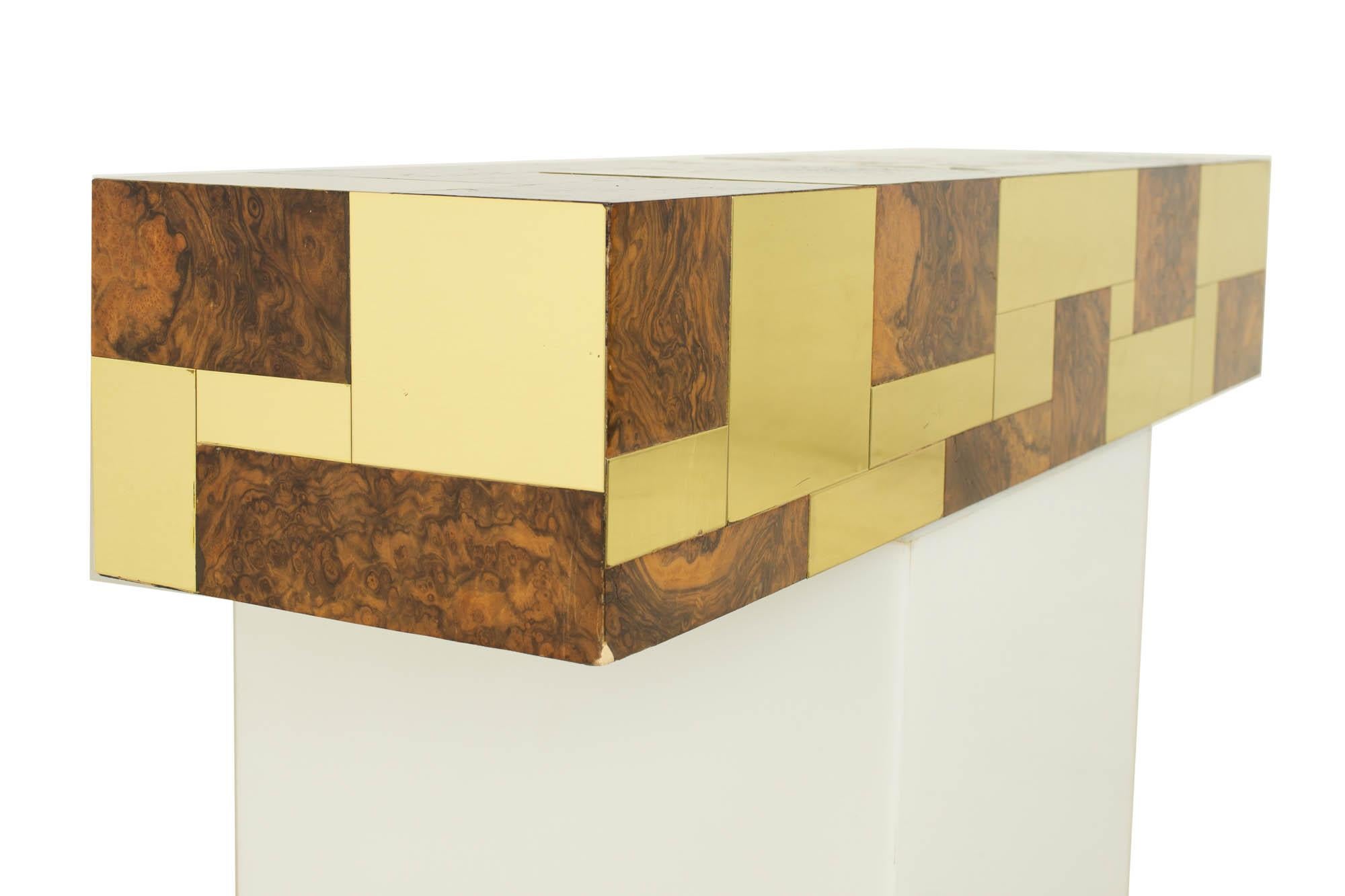 American Paul Evans Cityscape Mid Century Brass and Burlwood Floating Console Table