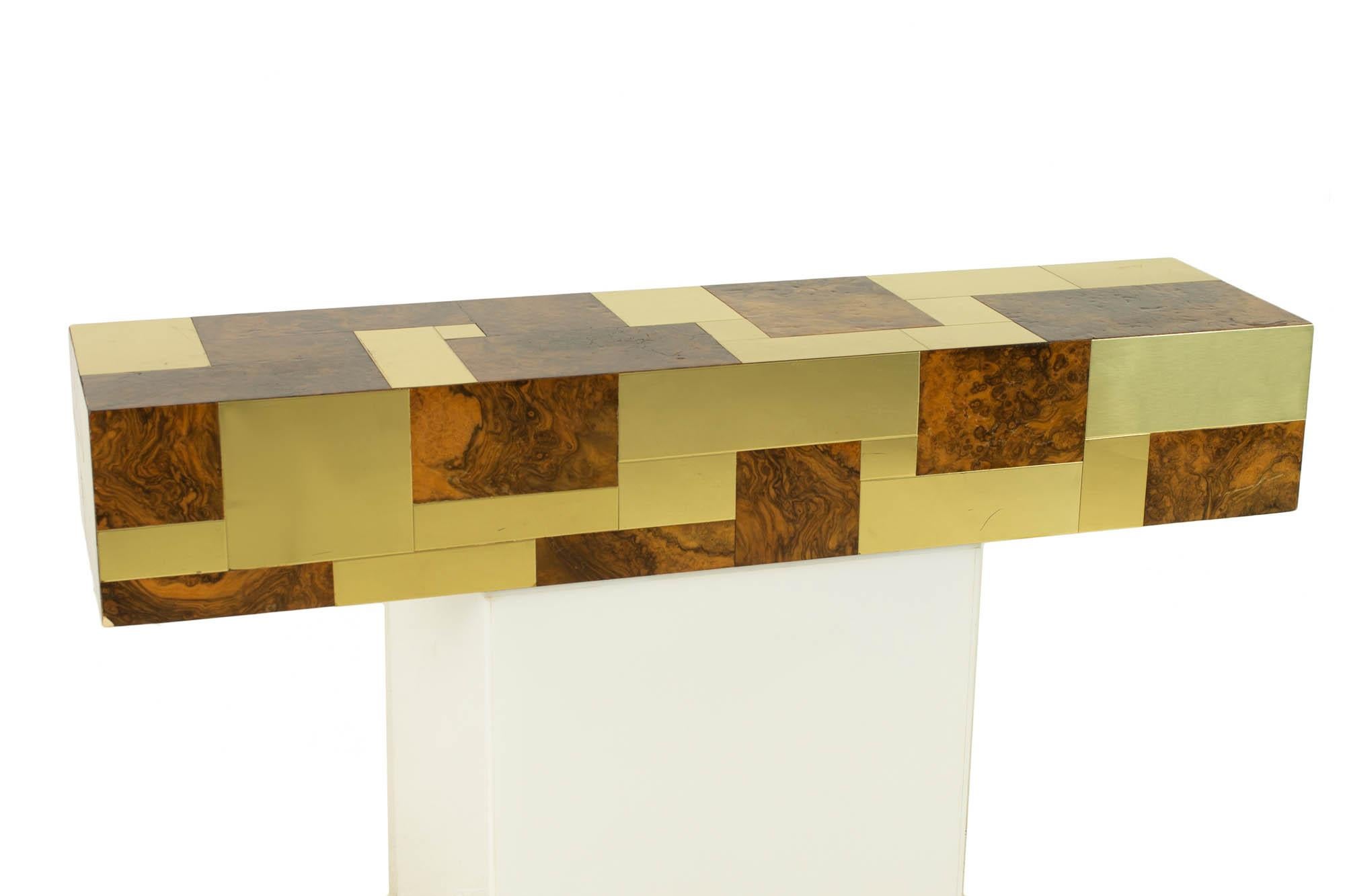 Paul Evans Cityscape Mid Century Brass and Burlwood Floating Console Table In Good Condition In Countryside, IL