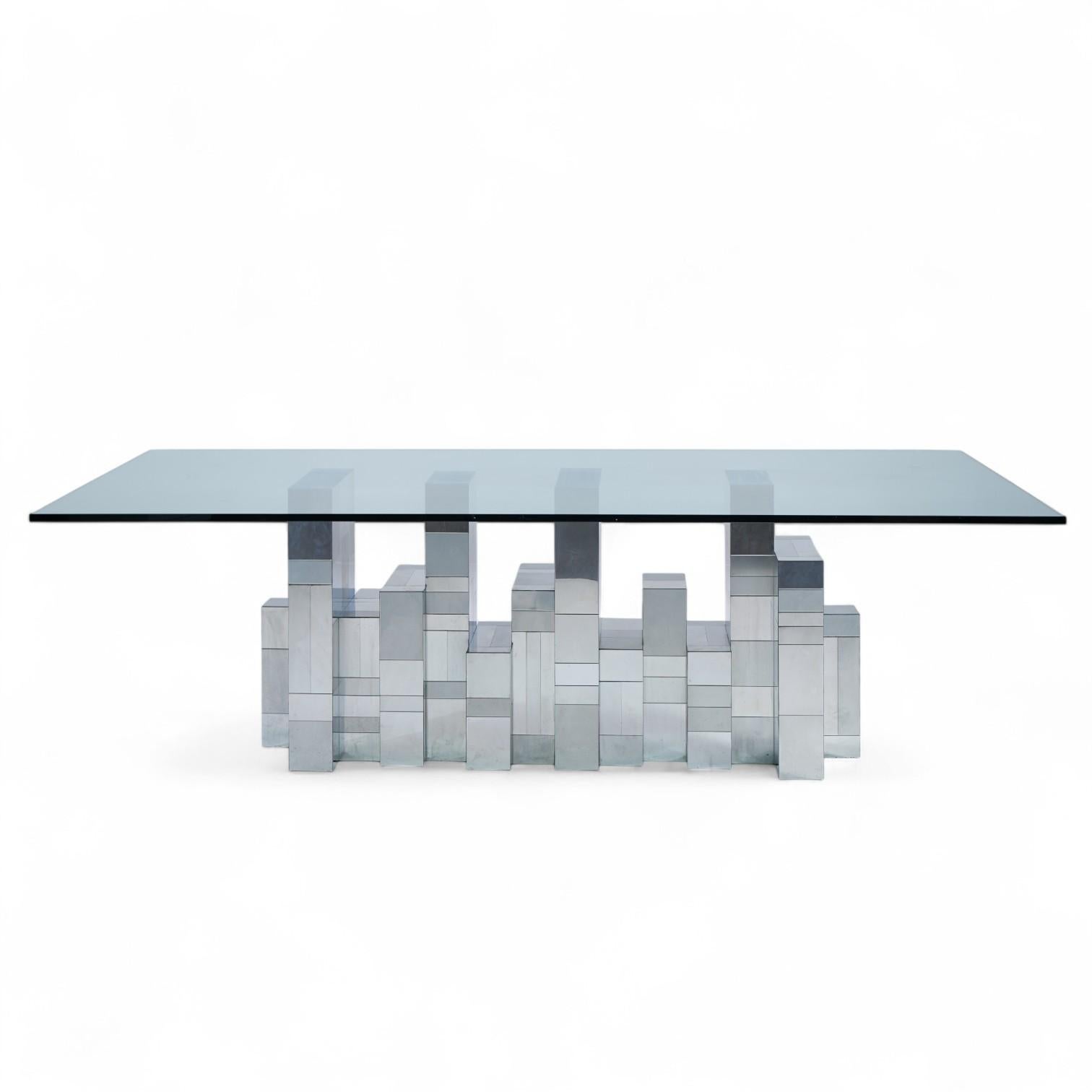 Paul Evans Cityscape Mid Century Chrome Dining Table

This dining table measures: 96 wide x 48 deep x 29 inches high, with a chair clearance of 28.5 inches

Excellent Vintage Condition - Table has Minor Patina on Chrome Panels. Glass has Minor