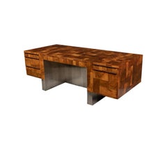 Paul Evans 'Cityscape' Patchwork Burl and Chrome Executive Desk, anni '70, firmato