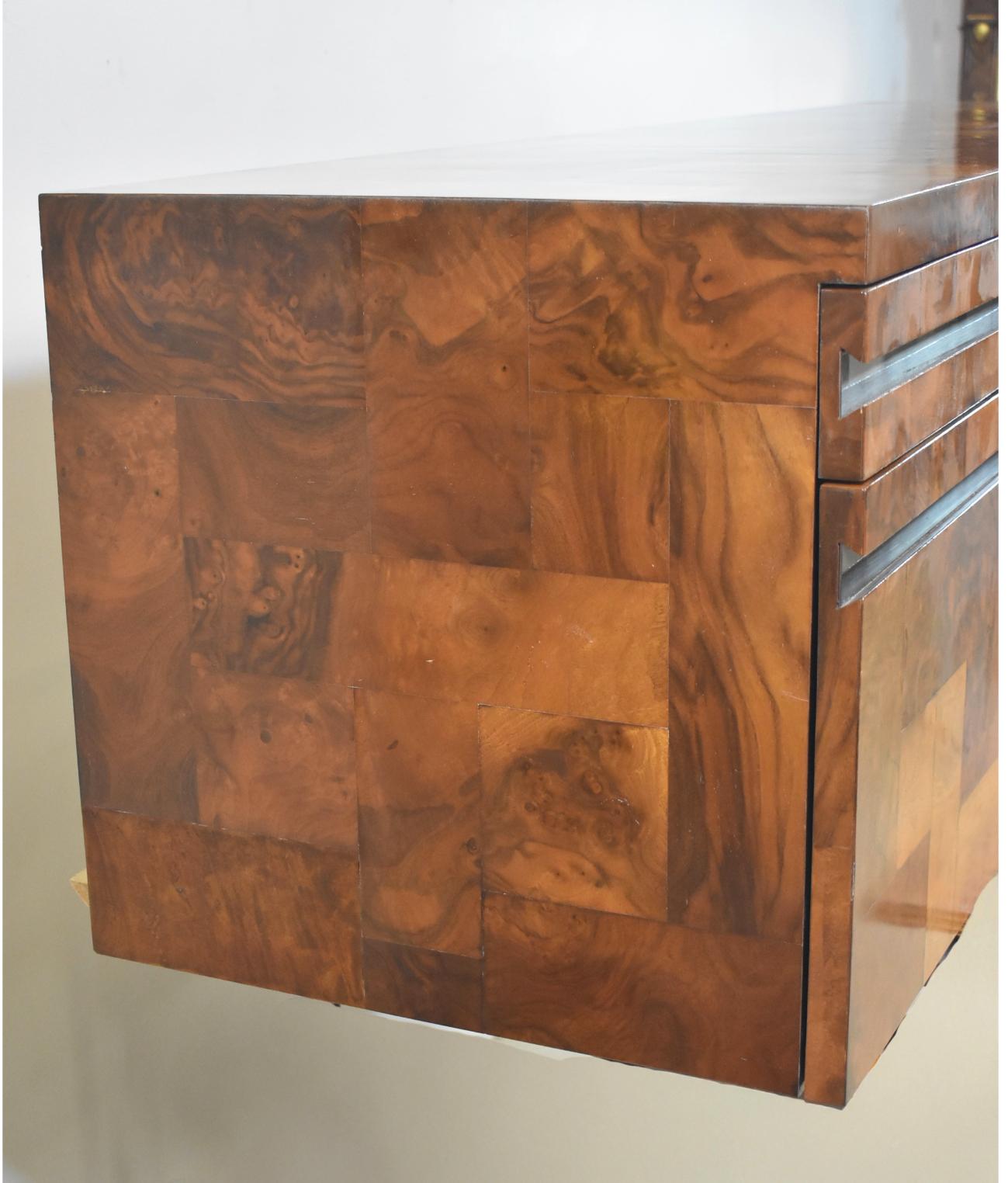 Modern Paul Evans Cityscape Patchwork Burlwood Wall Floating Credenza For Sale