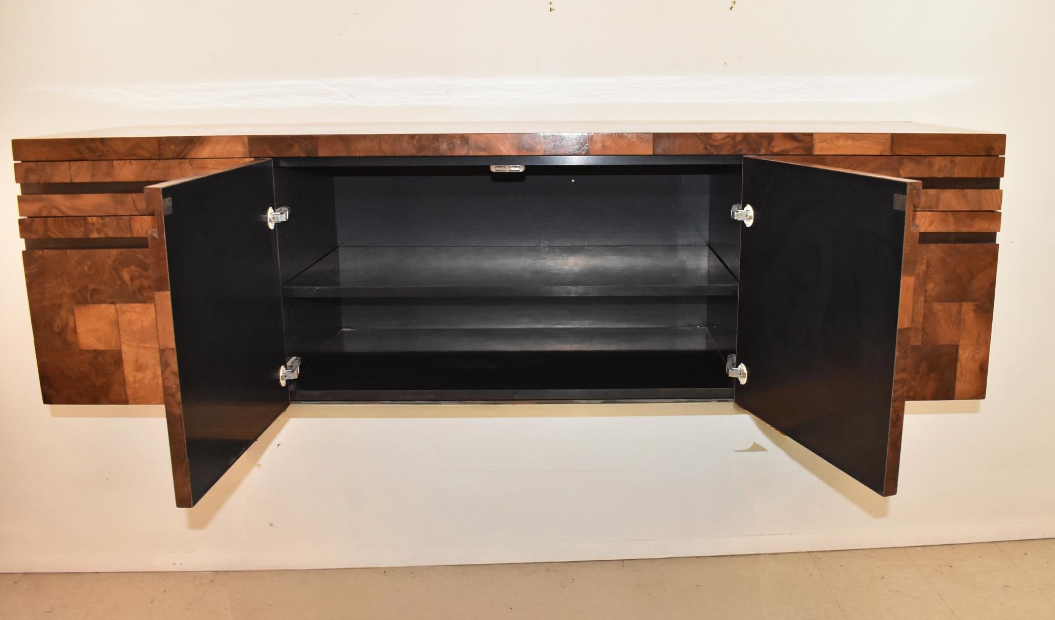 Paul Evans Cityscape Patchwork Burlwood Wall Floating Credenza In Excellent Condition For Sale In Toledo, OH