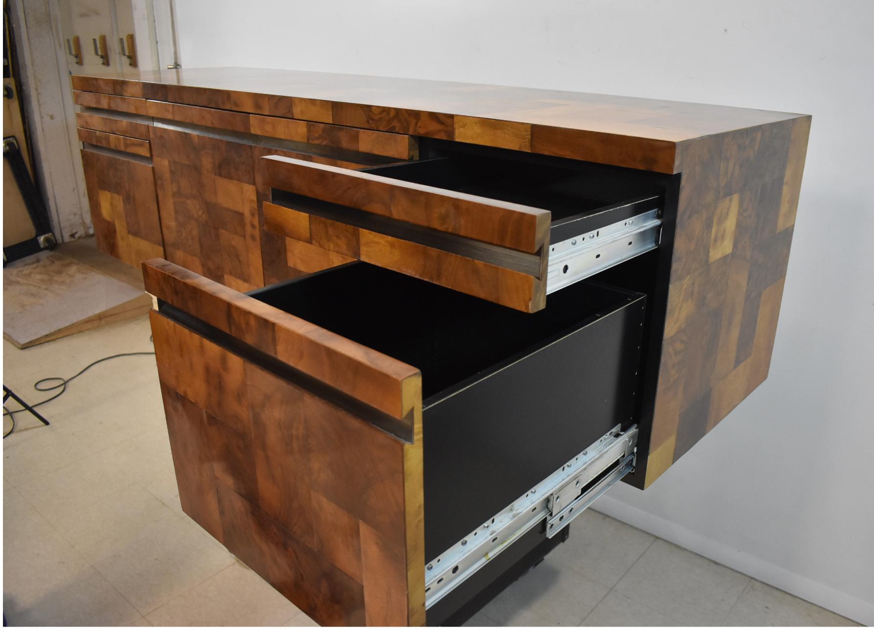 20th Century Paul Evans Cityscape Patchwork Burlwood Wall Floating Credenza For Sale