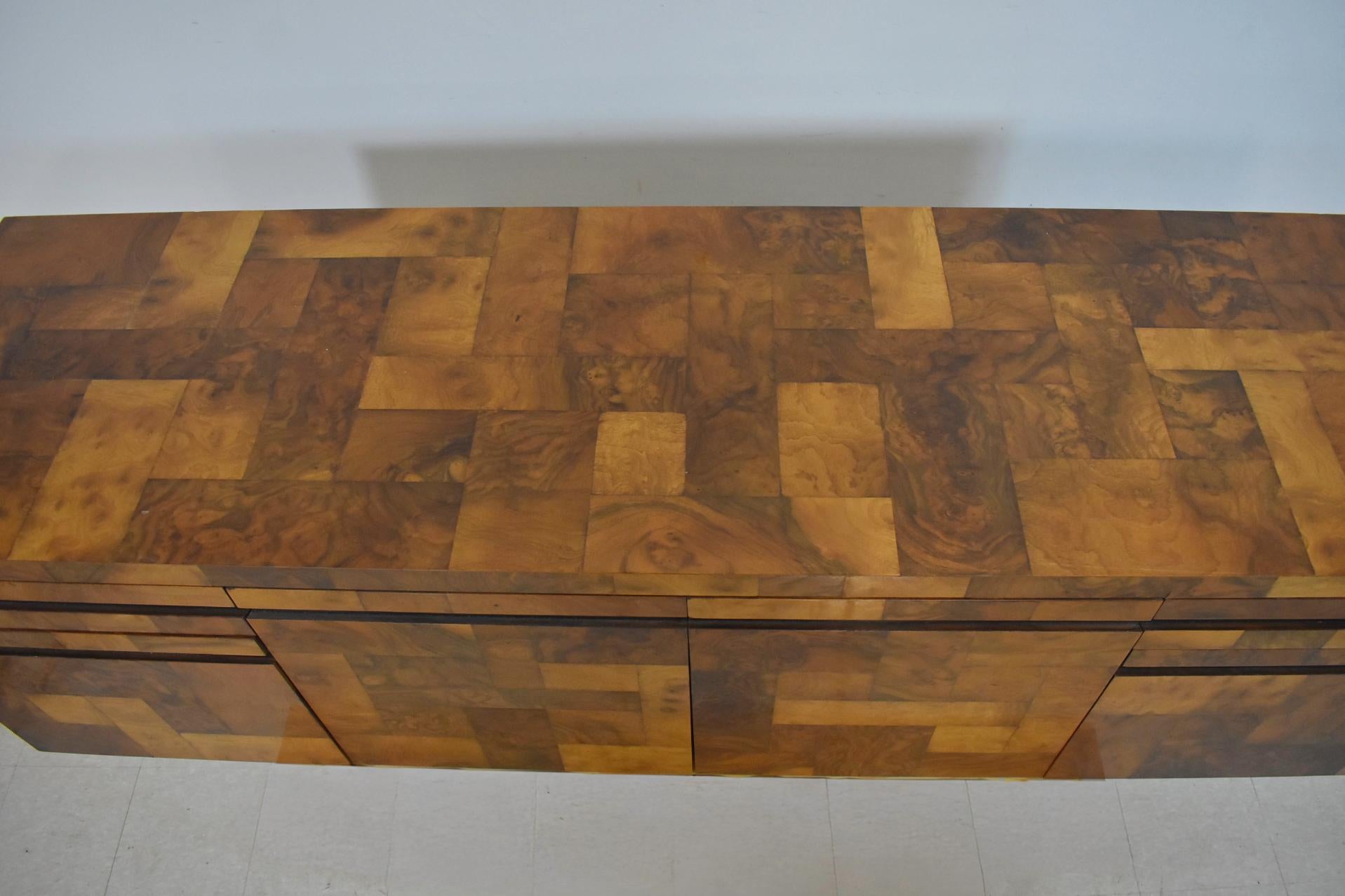 Wood Paul Evans Cityscape Patchwork Burlwood Wall Floating Credenza For Sale