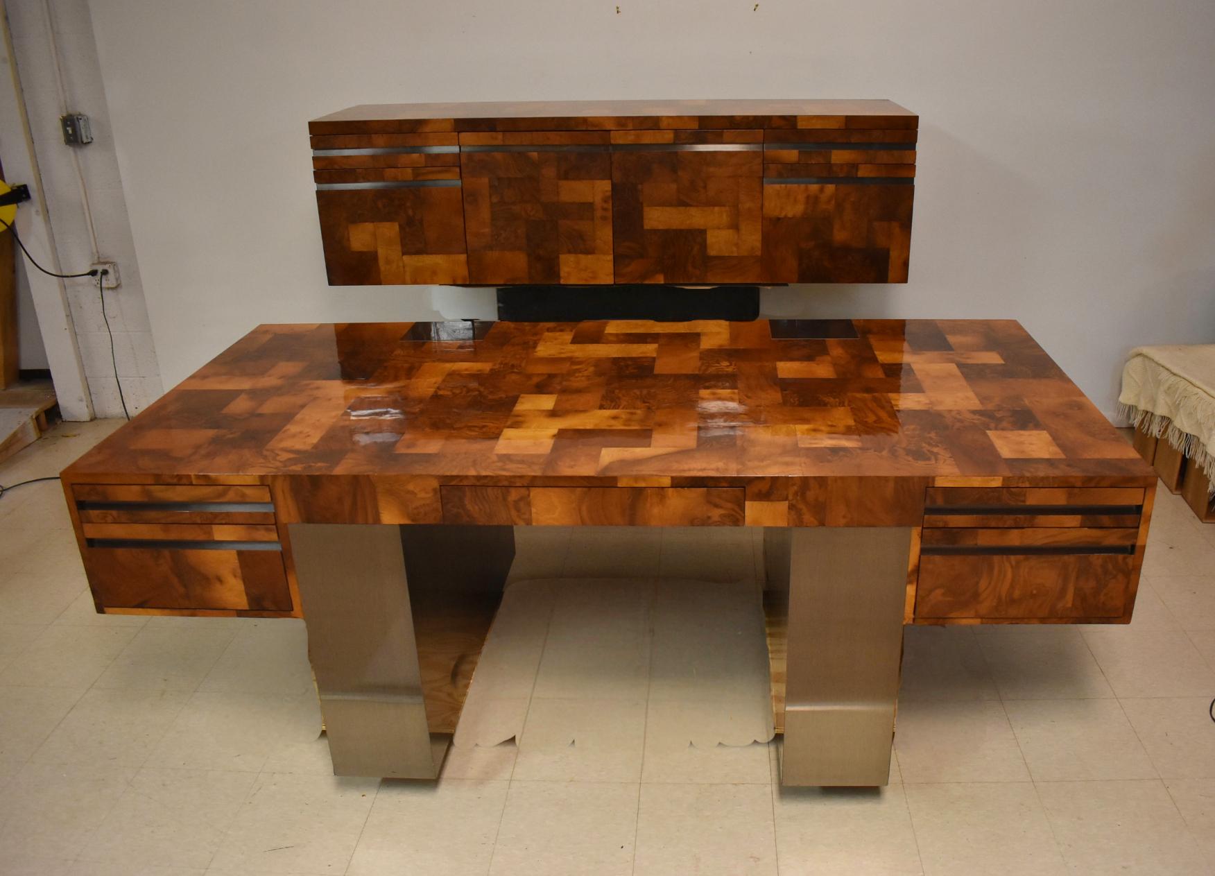 Paul Evans Cityscape Patchwork Burlwood Wall Floating Credenza For Sale 1