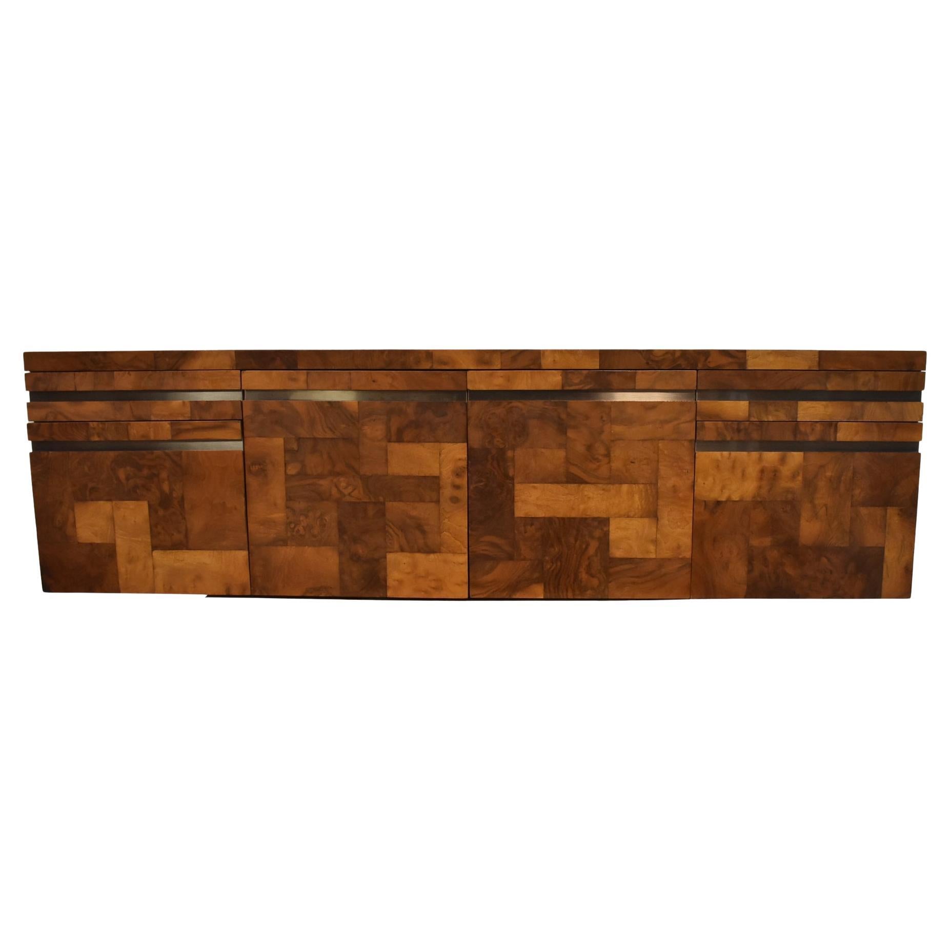 Paul Evans Cityscape Patchwork Burlwood Wall Floating Credenza For Sale