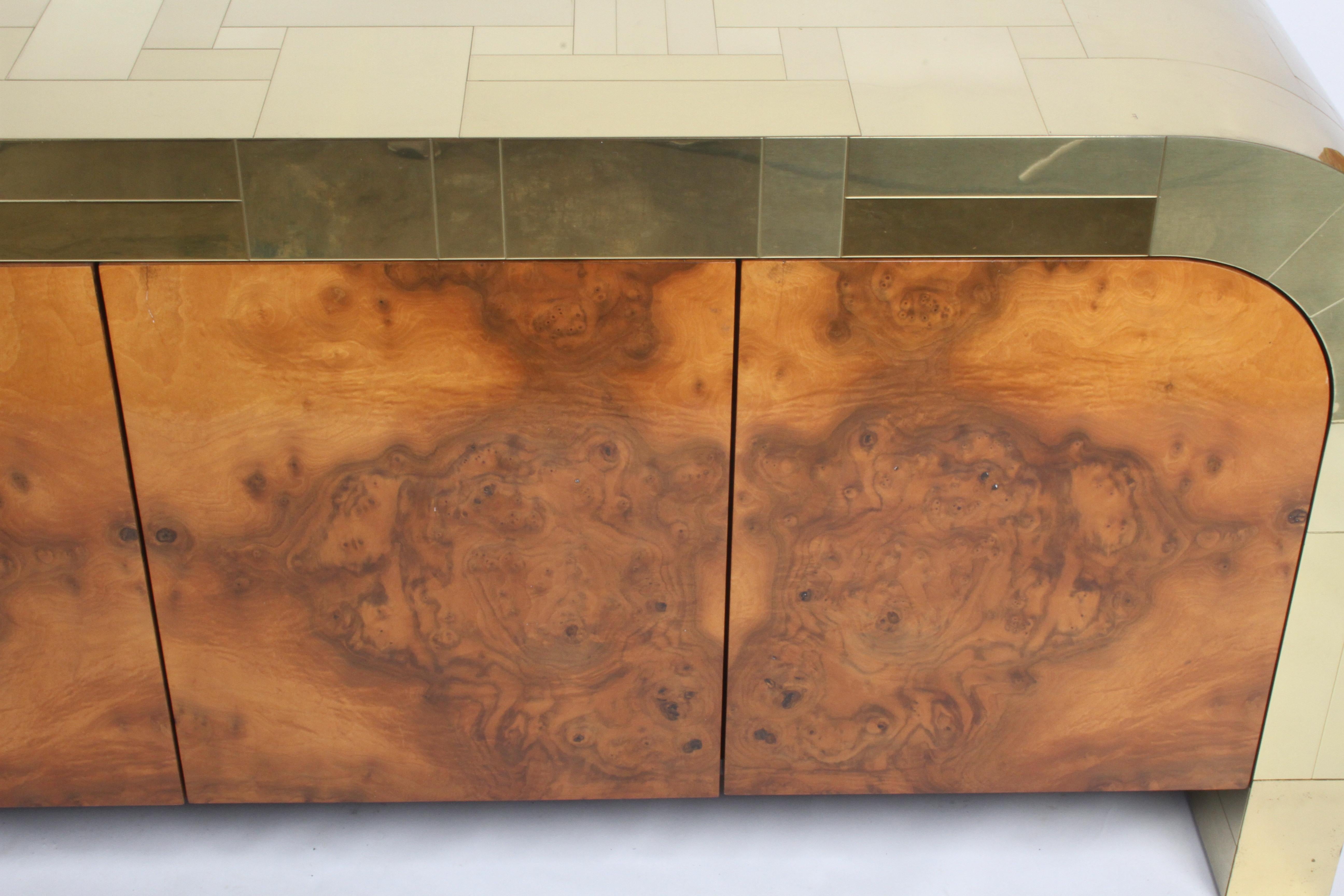 Late 20th Century Paul Evans CityScape Sideboard for Directional Brass Tiles & Burl Wood Doors For Sale