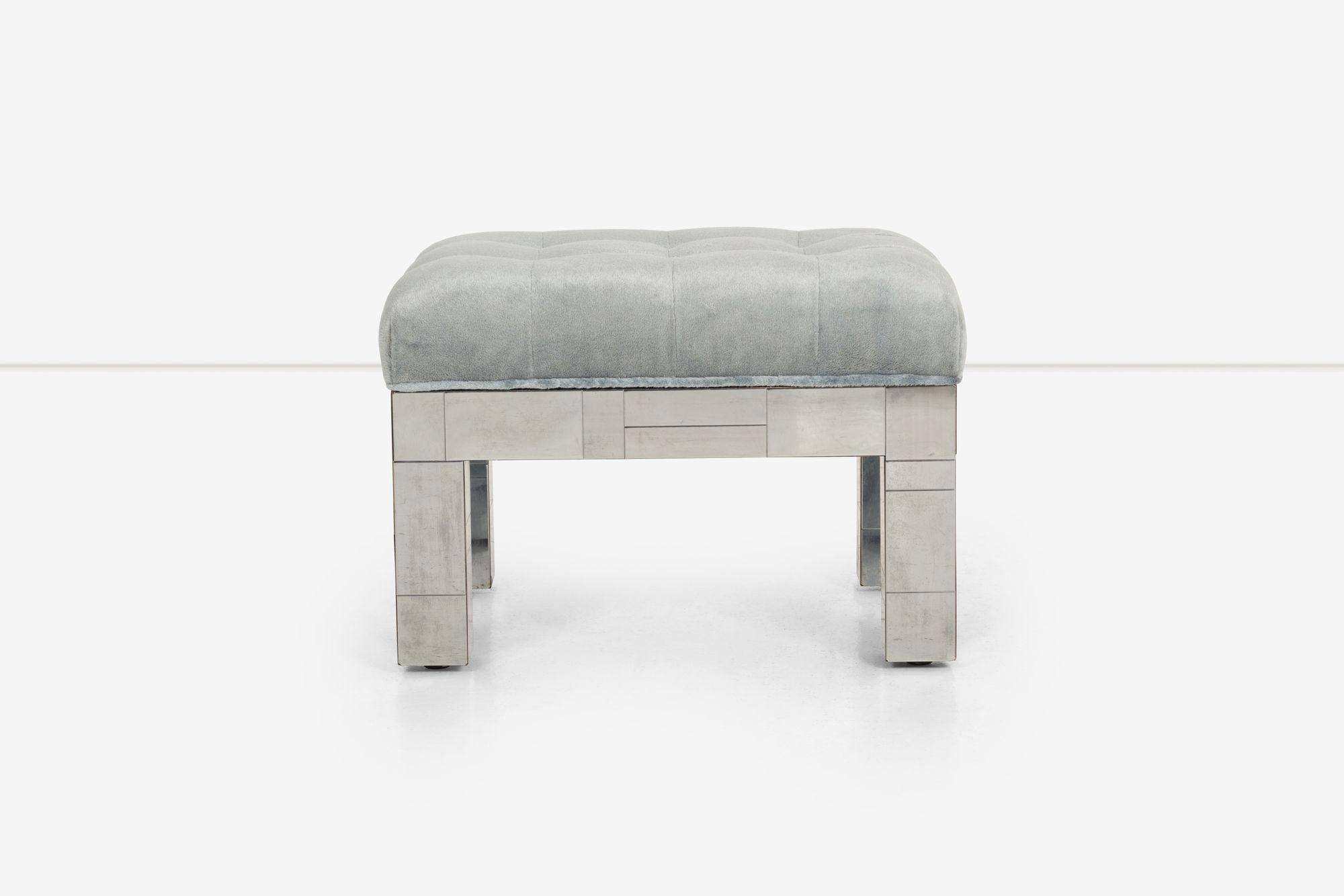 Paul Evans Cityscape Stool Bench 1973, Chrome plated steel with newly upholstered button-tufted mohair.
Label underside Paul Evans Inc. 1973