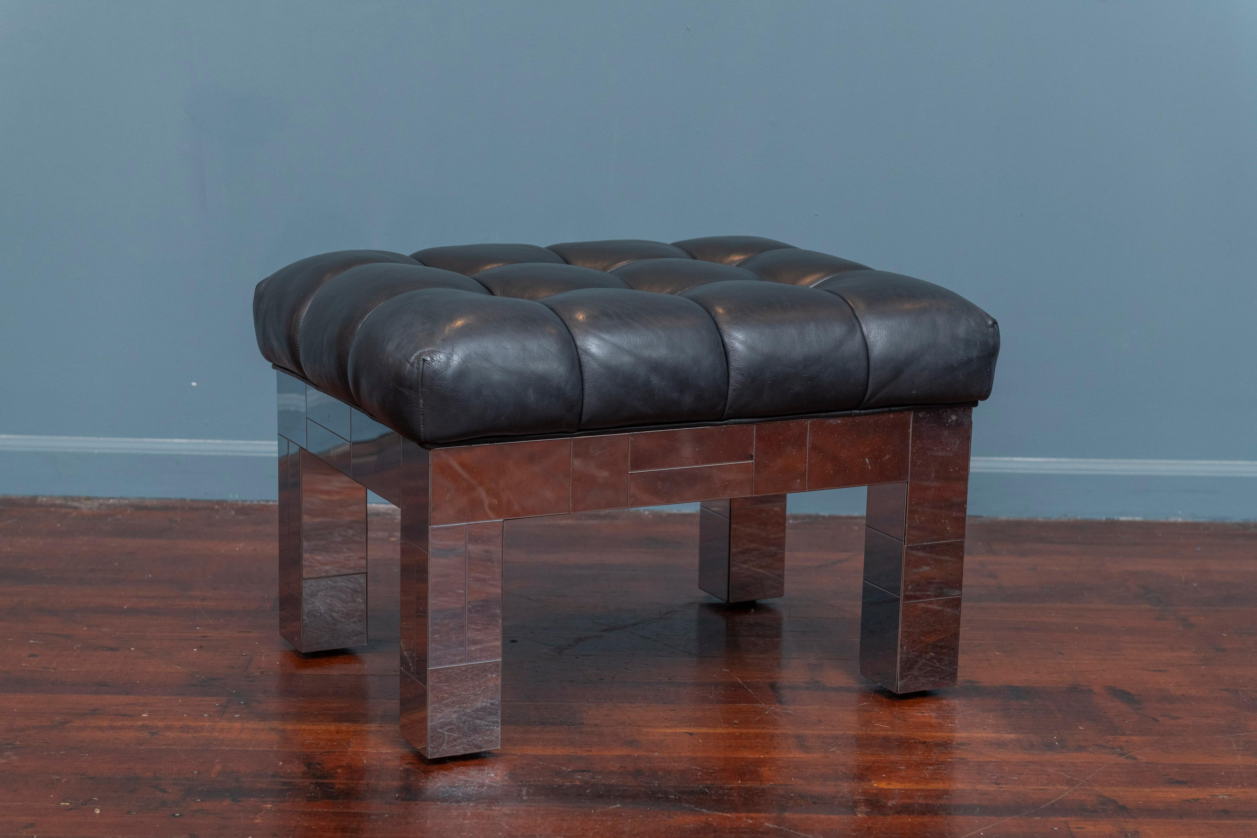 Paul Evans design stool or bench for his Cityscape line, U.S.A. A rare form offered in its original black tufted leather and chrome patch quilt motif. Inspired by the city skyline,  it is double signed. Well made and constructed usable as-is in