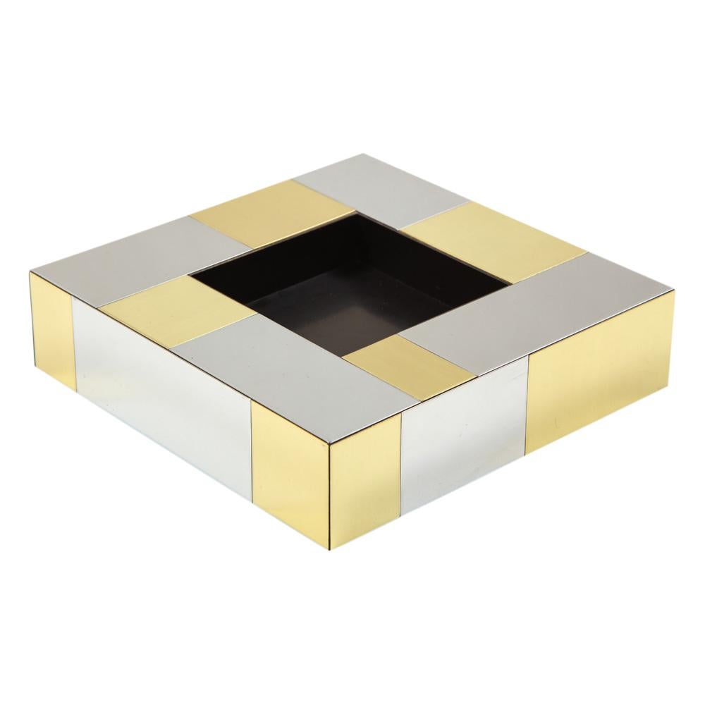 Paul Evans tray, cityscape, brass and chrome. Small to medium scale tabletop accessory from Evan's Cityscape series for Directional Inc. Minor wear and light scratches to the patchwork finish. Original black felt on underside.