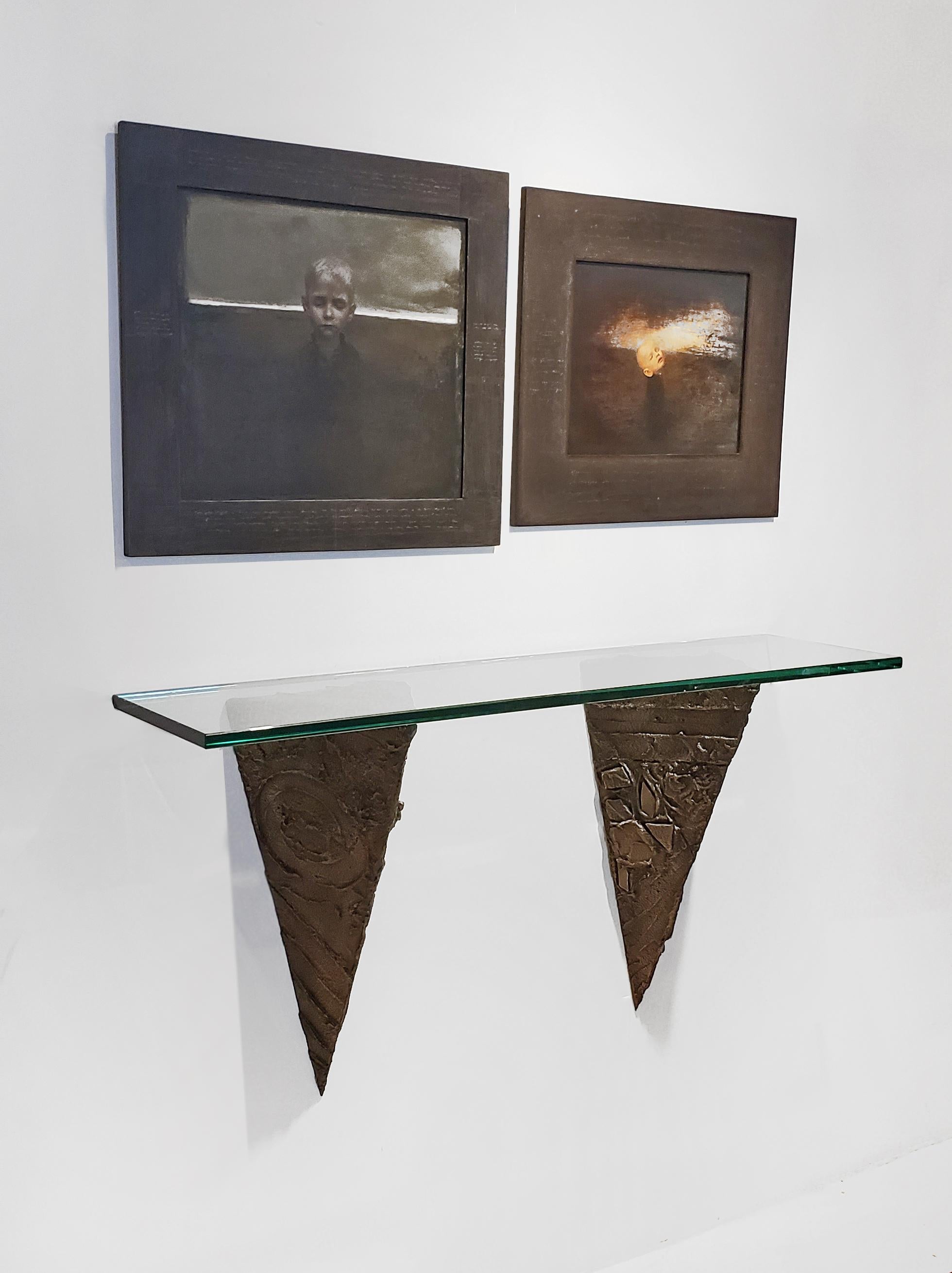 1960s sculpted bronze wall mount console designed by Paul Evans and produced by Directional. New glass top. Original wall mount brackets.