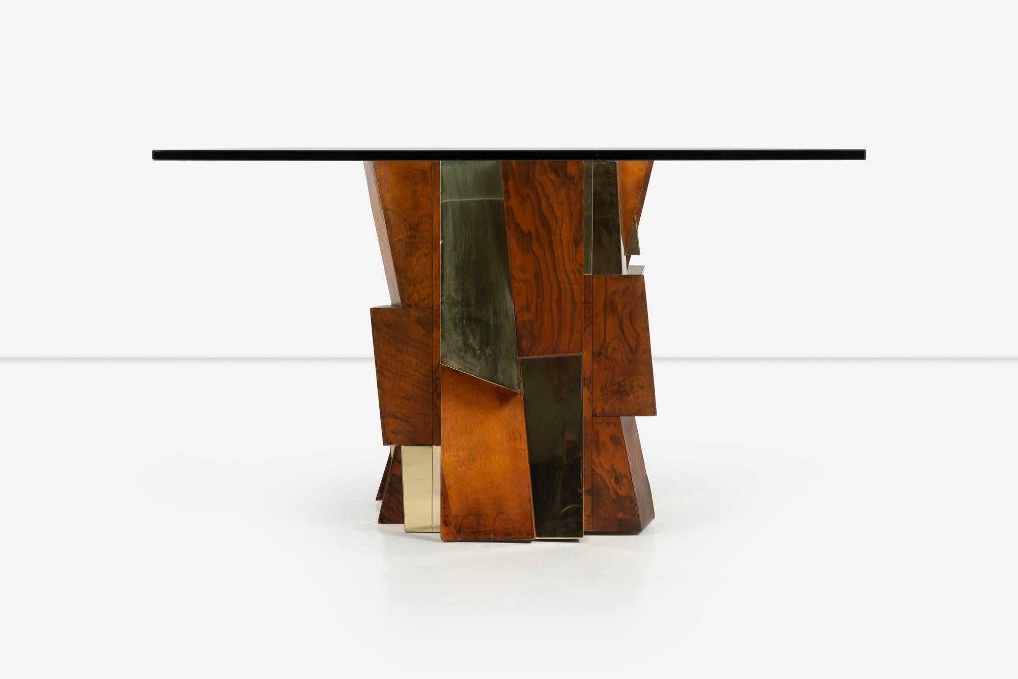 Paul Evans Custom Faceted Dining Table, Larger base with lacquered wood and brass cladding over wood.
3/4