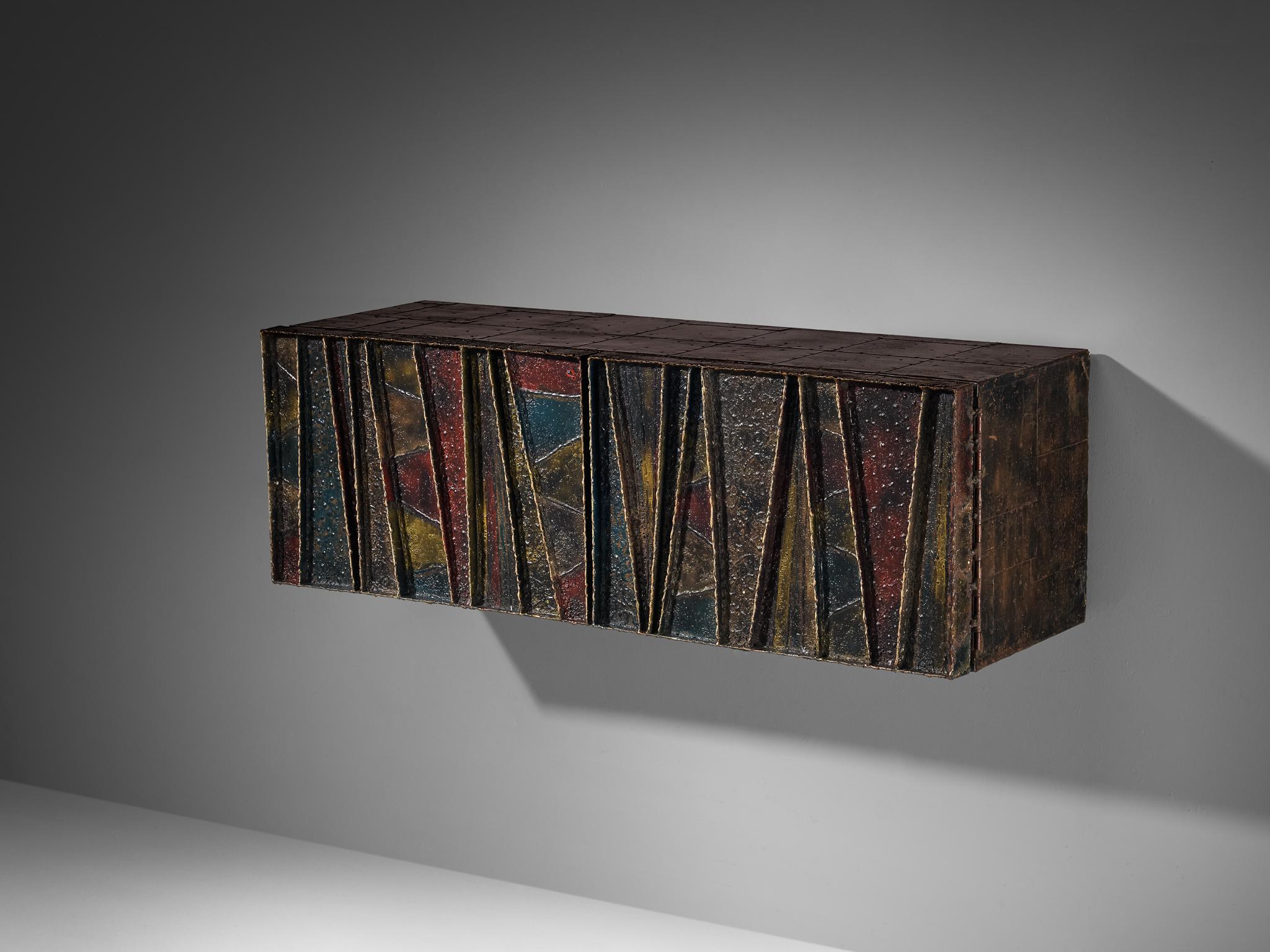 Paul Evans for Directional, 'PE-19' wall-mounted cabinet, welded bronze and steel, painted wood, mirrored glass, glass, United States, 1971

An exceptional design by Paul Evans undeniably breathes artistic excellence combined with impeccable