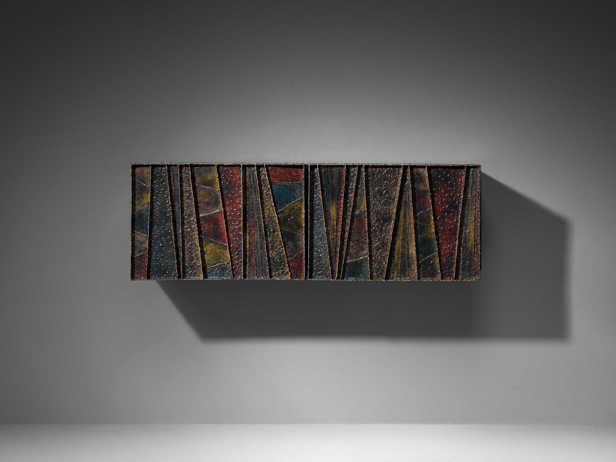 Post-Modern Paul Evans ‘Deep Relief’ Wall-Mounted Sideboard in Welded Steel and Slate  For Sale