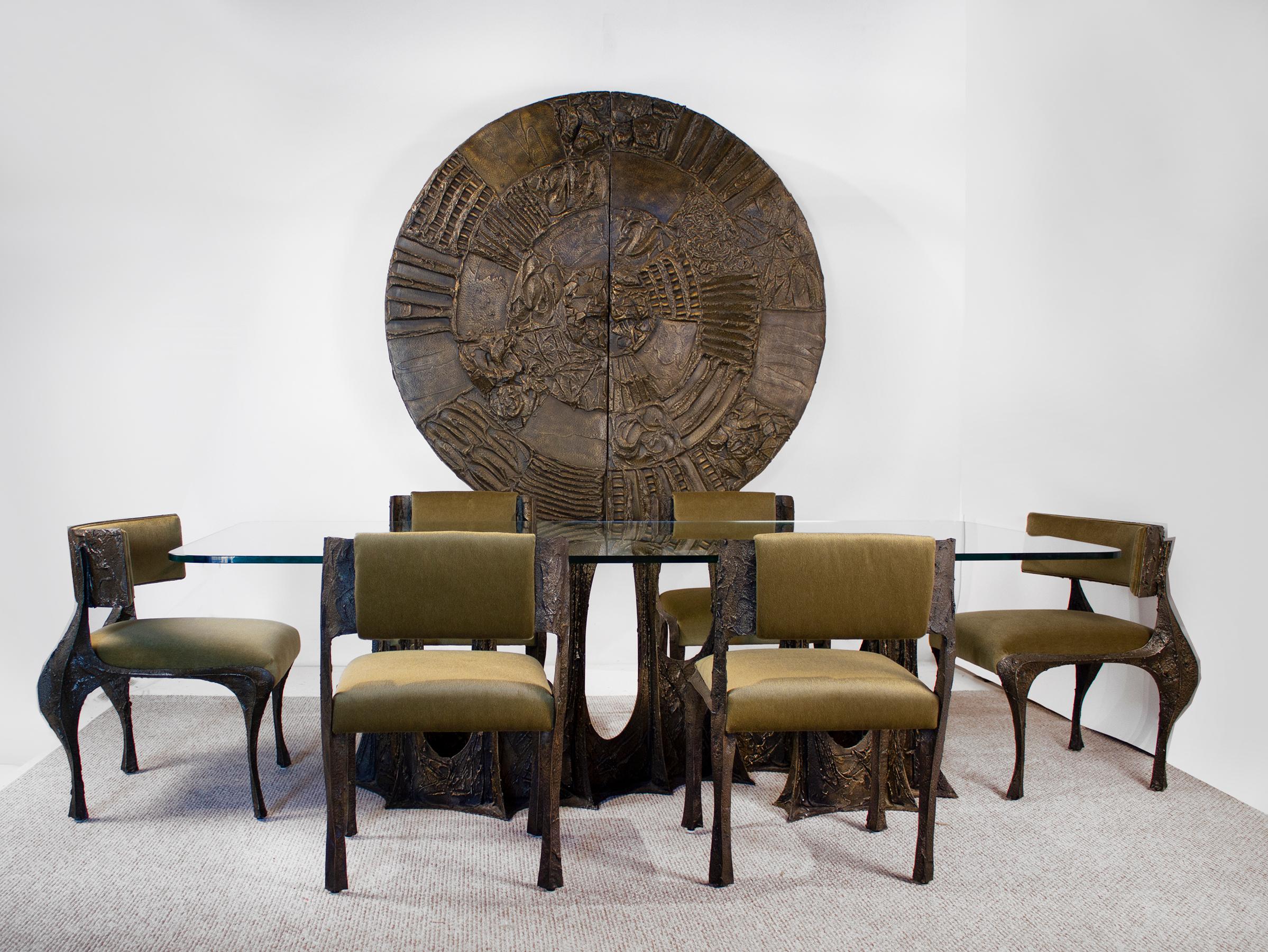 Dining set designed by Paul Evans, 1969. Set consists of the rare wall-mounted bar cabinet model PE-122, signed and dated 1969. Stalagmite dining table model PE-102, signed and dated 1969 with the original glass top. Two rare wide and low sculpted