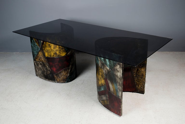 Sculpted steel, model PE 24 dining table bases by Paul Evans for Directional.
The bases feature Paul Evans masterful designs, polychrome technique and patchwork.
Glass top is not included, but could be made upon request.