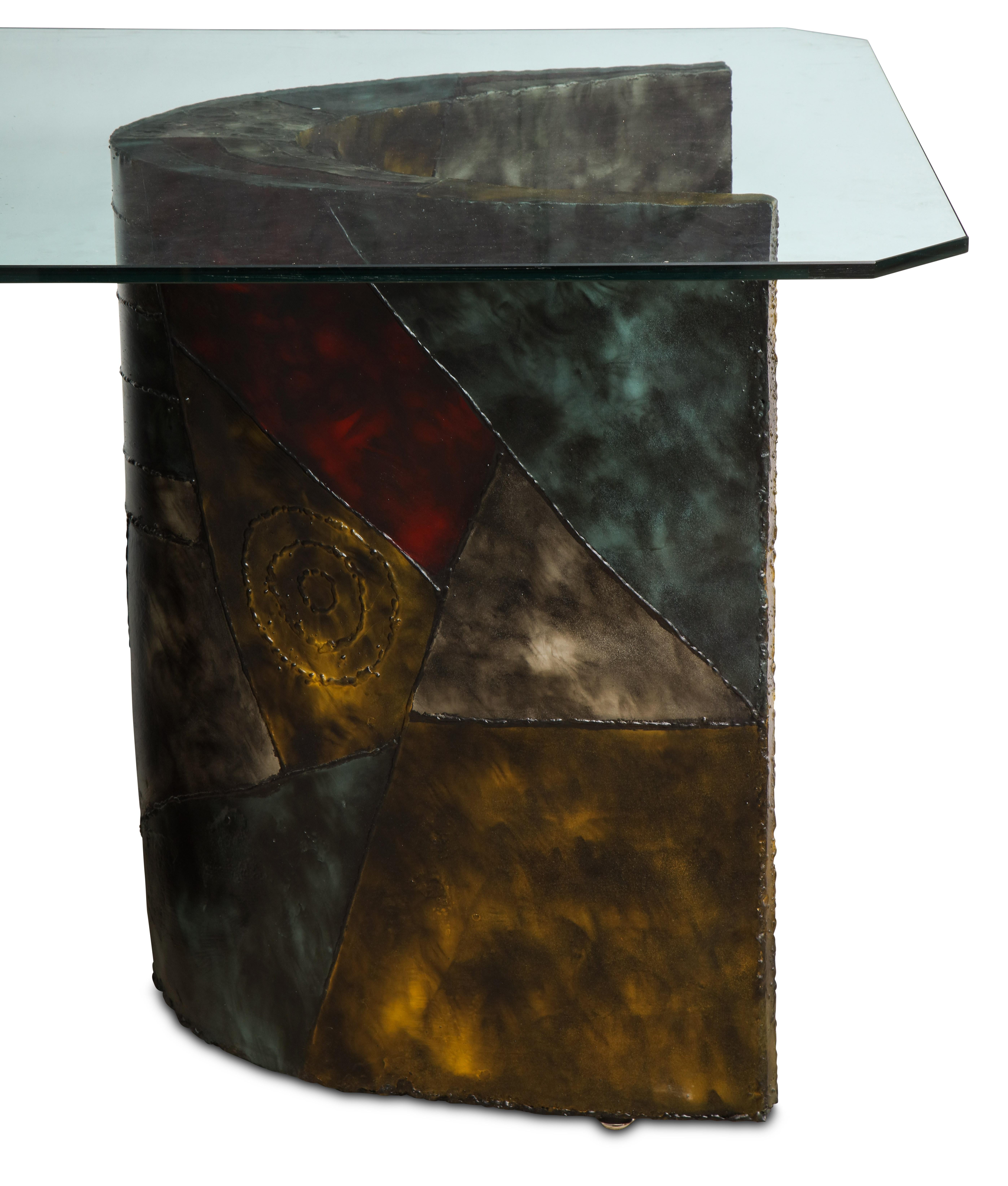 Modern Sculpted steel patchwork double base dining table, Model PE 24 by Paul Evans