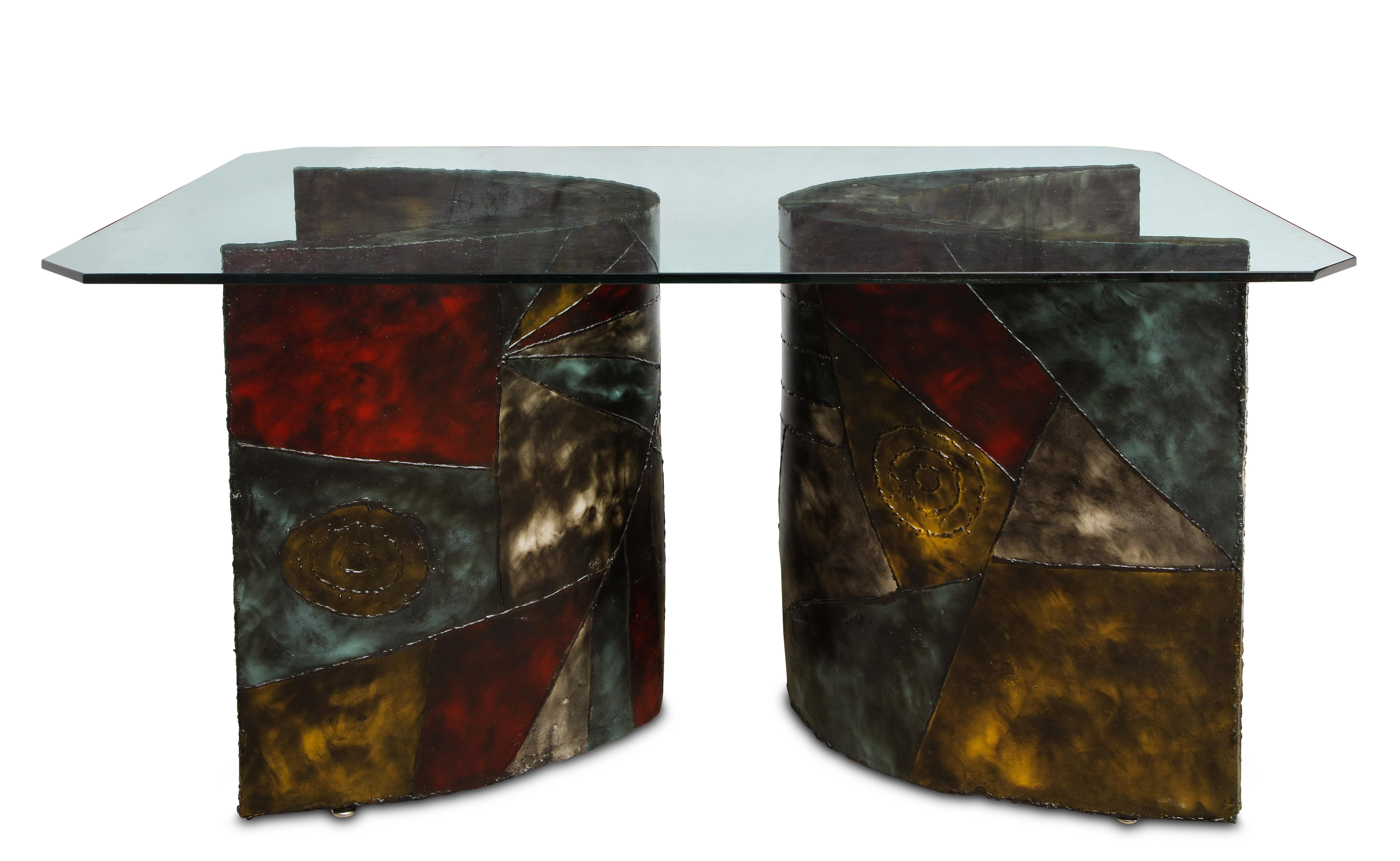 North American Sculpted steel patchwork double base dining table, Model PE 24 by Paul Evans