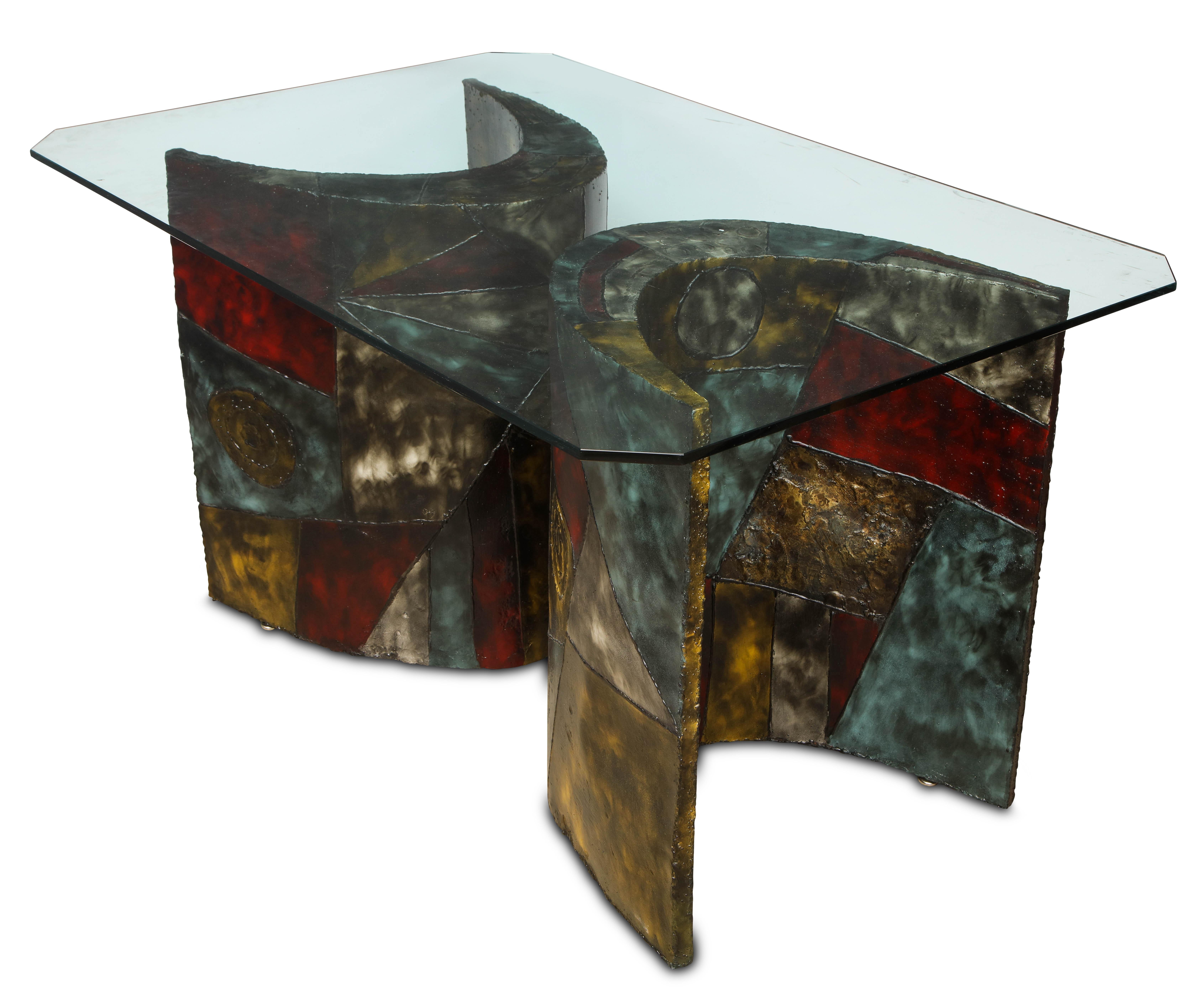 Late 20th Century Sculpted steel patchwork double base dining table, Model PE 24 by Paul Evans