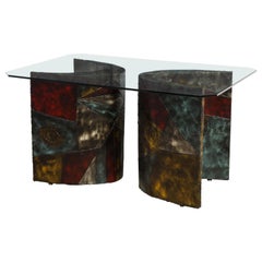 Sculpted steel patchwork double base dining table, Model PE 24 by Paul Evans