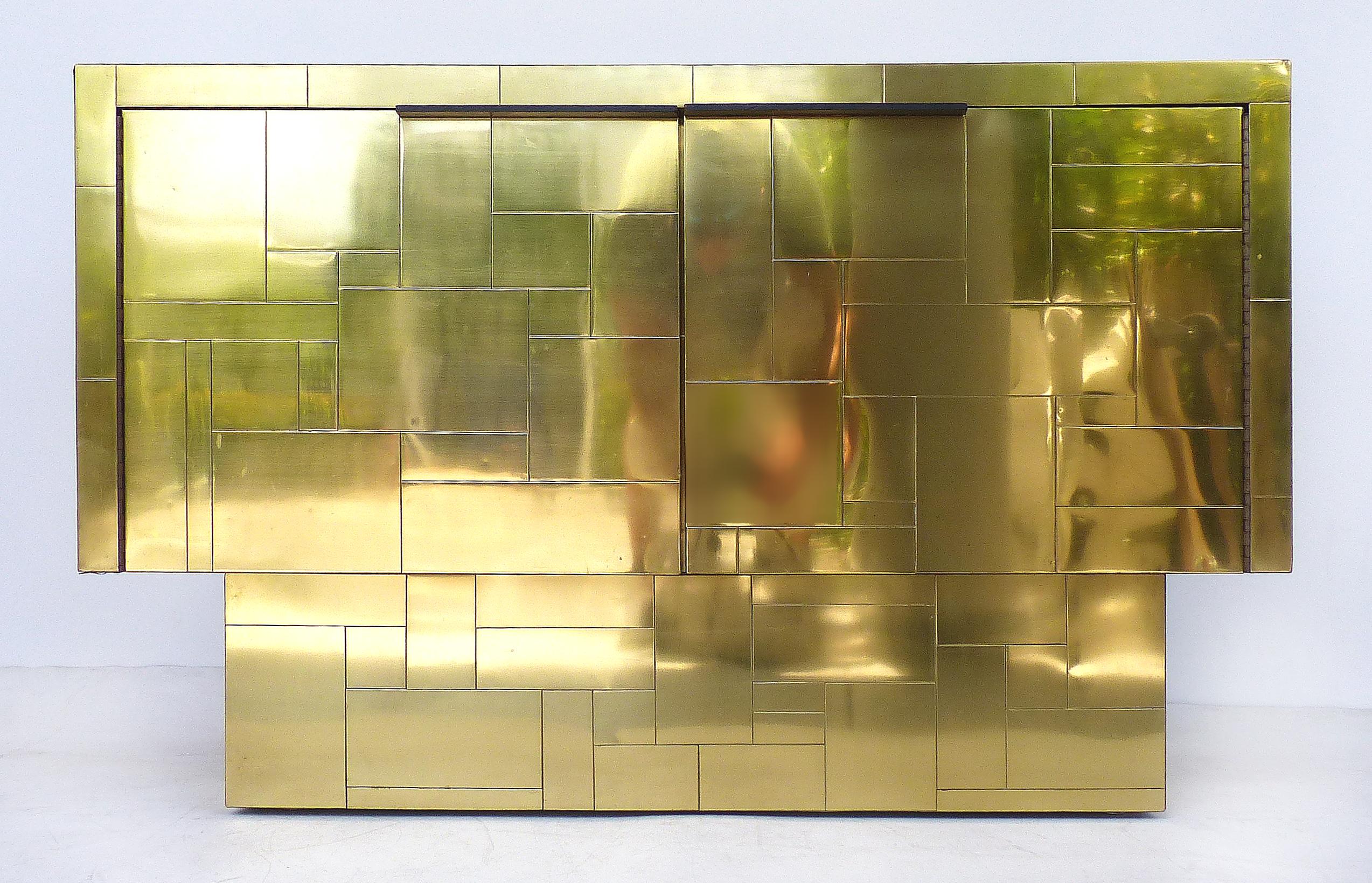 American Paul Evans Directional Brass Cityscape Credenza Cabinet with 2 Doors