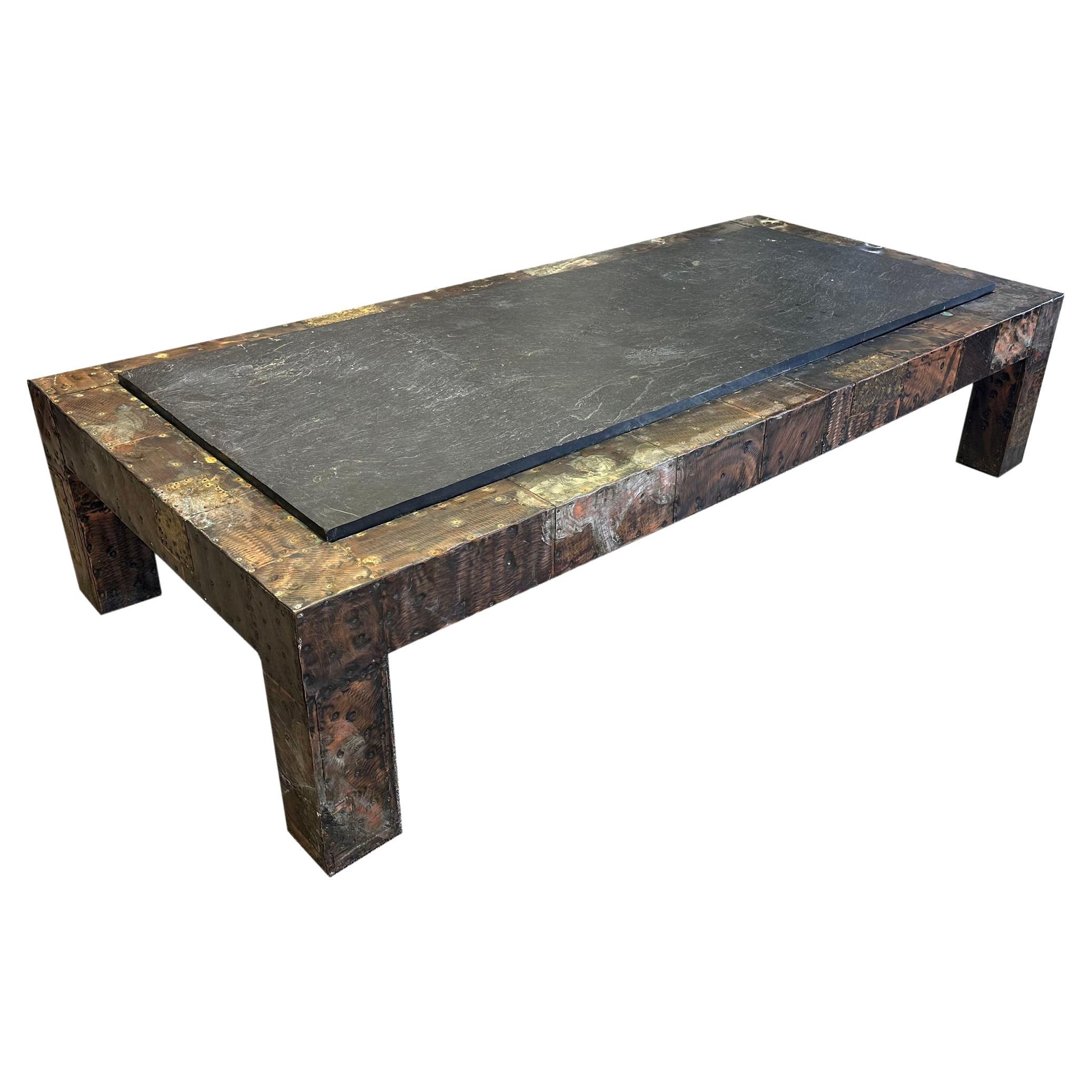 Paul Evans Directional Metal Brutalist Patchwork Coffee Table with Slate Top