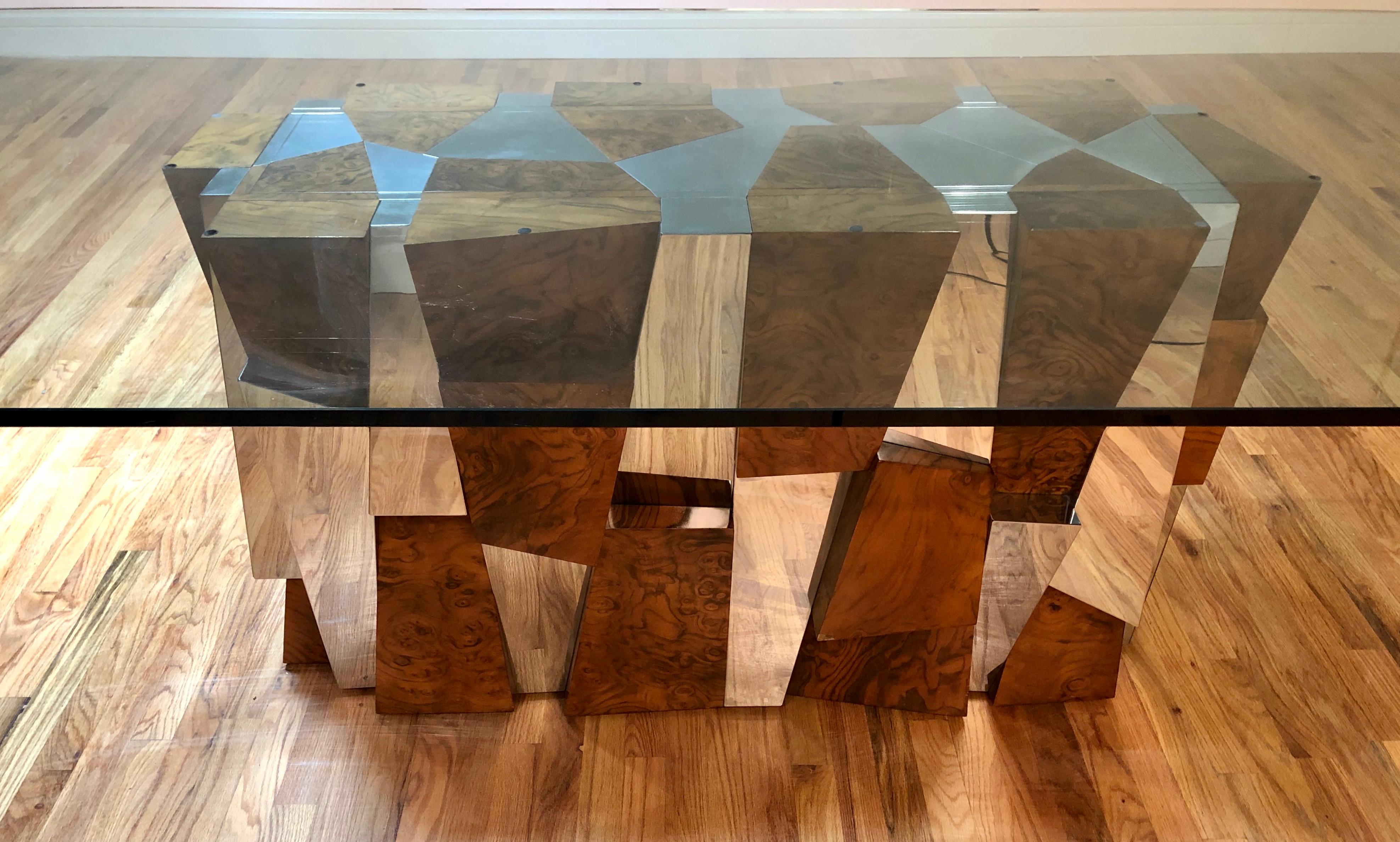 Mid-Century Modern Paul Evans Faceted Burl Wood and Mirrored Chrome Dining Table