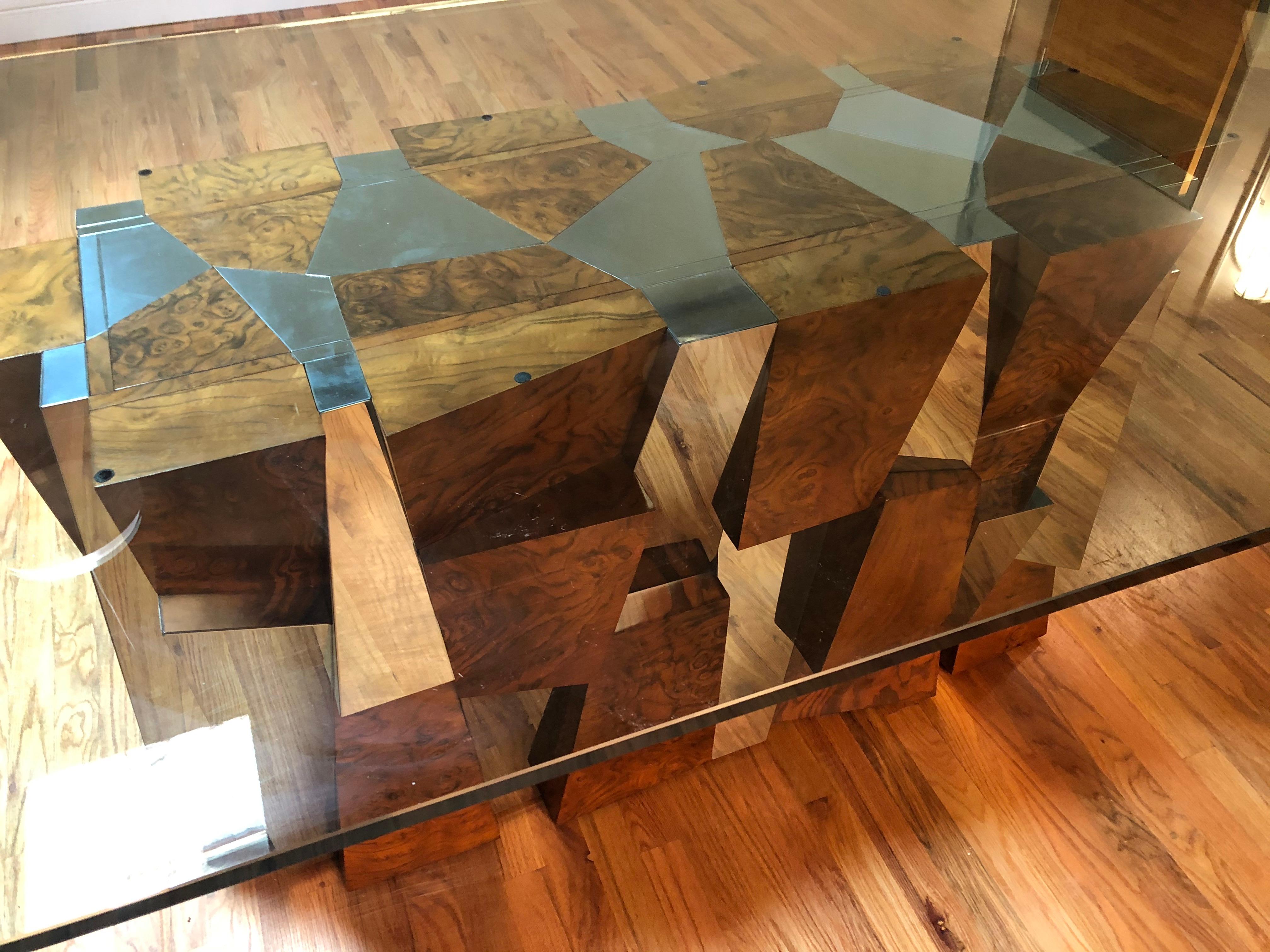 American Paul Evans Faceted Burl Wood and Mirrored Chrome Dining Table